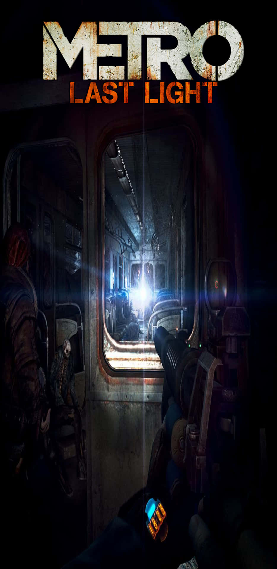 電玩遊戲 桌布 壁紙 — 從生鏽的地鐵車廂內部以第一人稱視角觀看，黑暗的地下鐵路前方有明亮的光線。