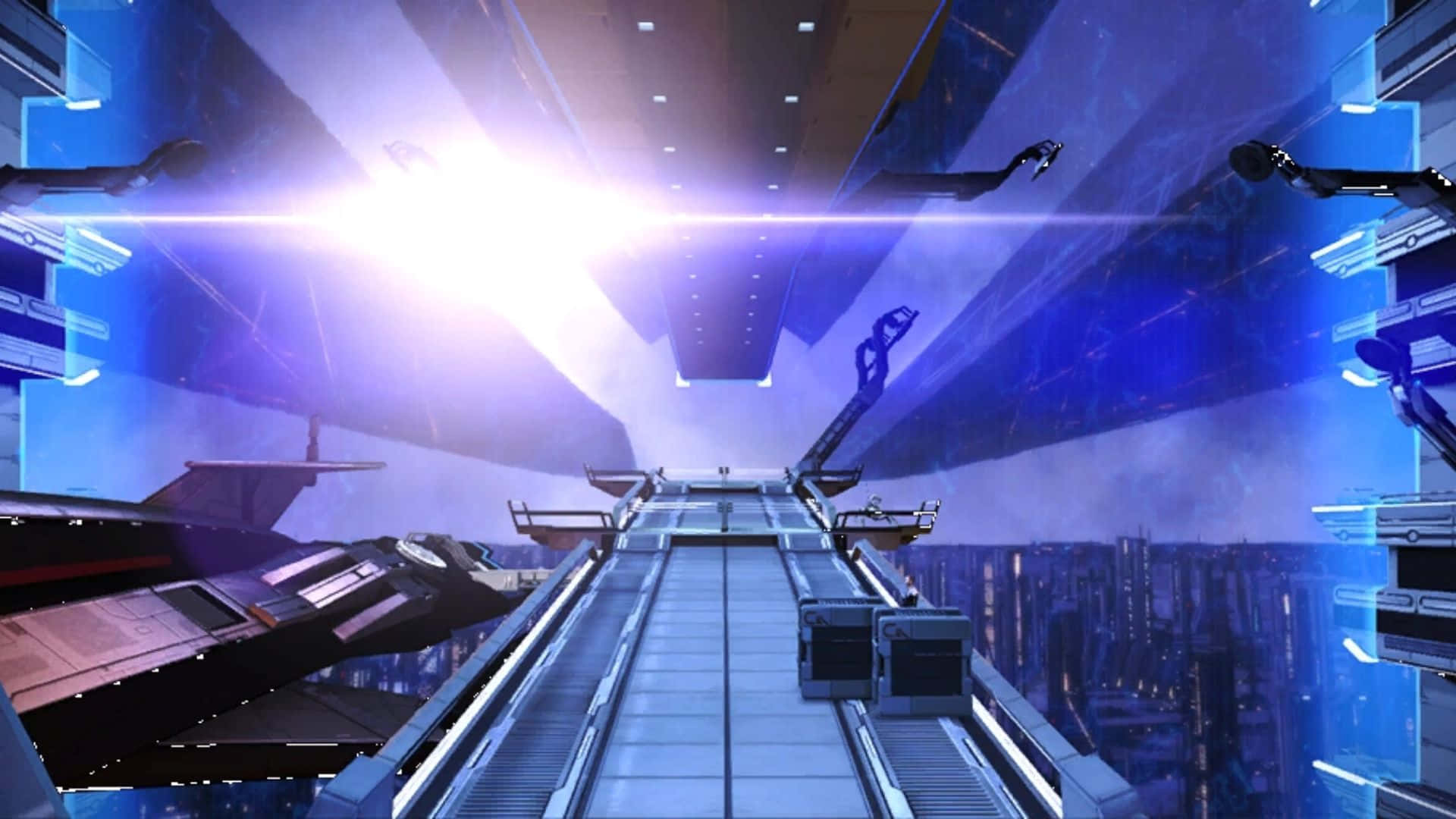 Mass Effect Citadel 桌布 壁紙 — 從發光的藍色空中走廊眺望未來城市景觀，配有流線型飛行車輛和高聳的霓虹燈建築。