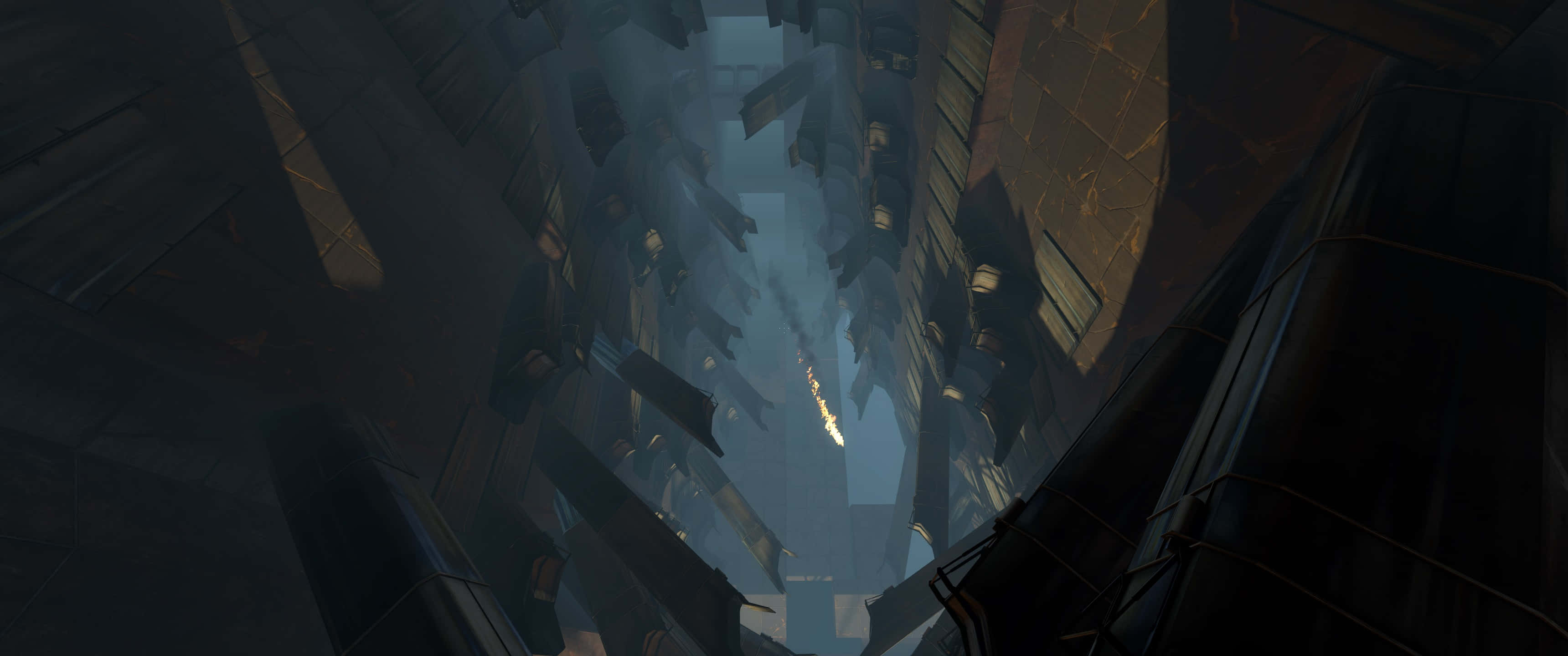 3440x1440p Portal 2 桌布 壁紙 — 從破碎的摩天大樓峽谷向上看的黑暗數位藝術景觀，一道發光的光束穿透迷濛的天空。