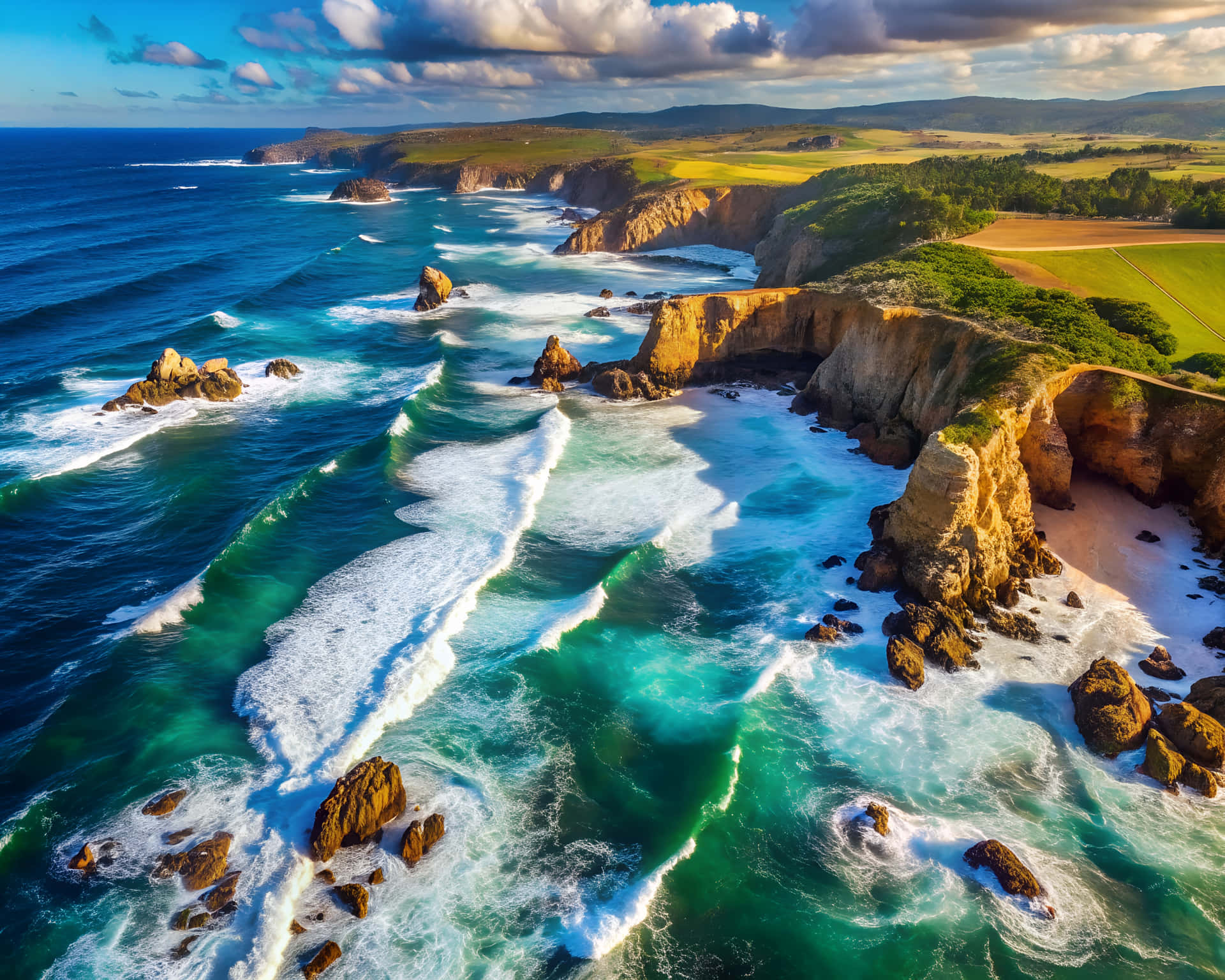 Aerial view of sea waves 壁紙 — 從空中俯瞰，在部分多雲的天空下，碧綠色的海浪拍打著金色懸崖旁的綠色田野。