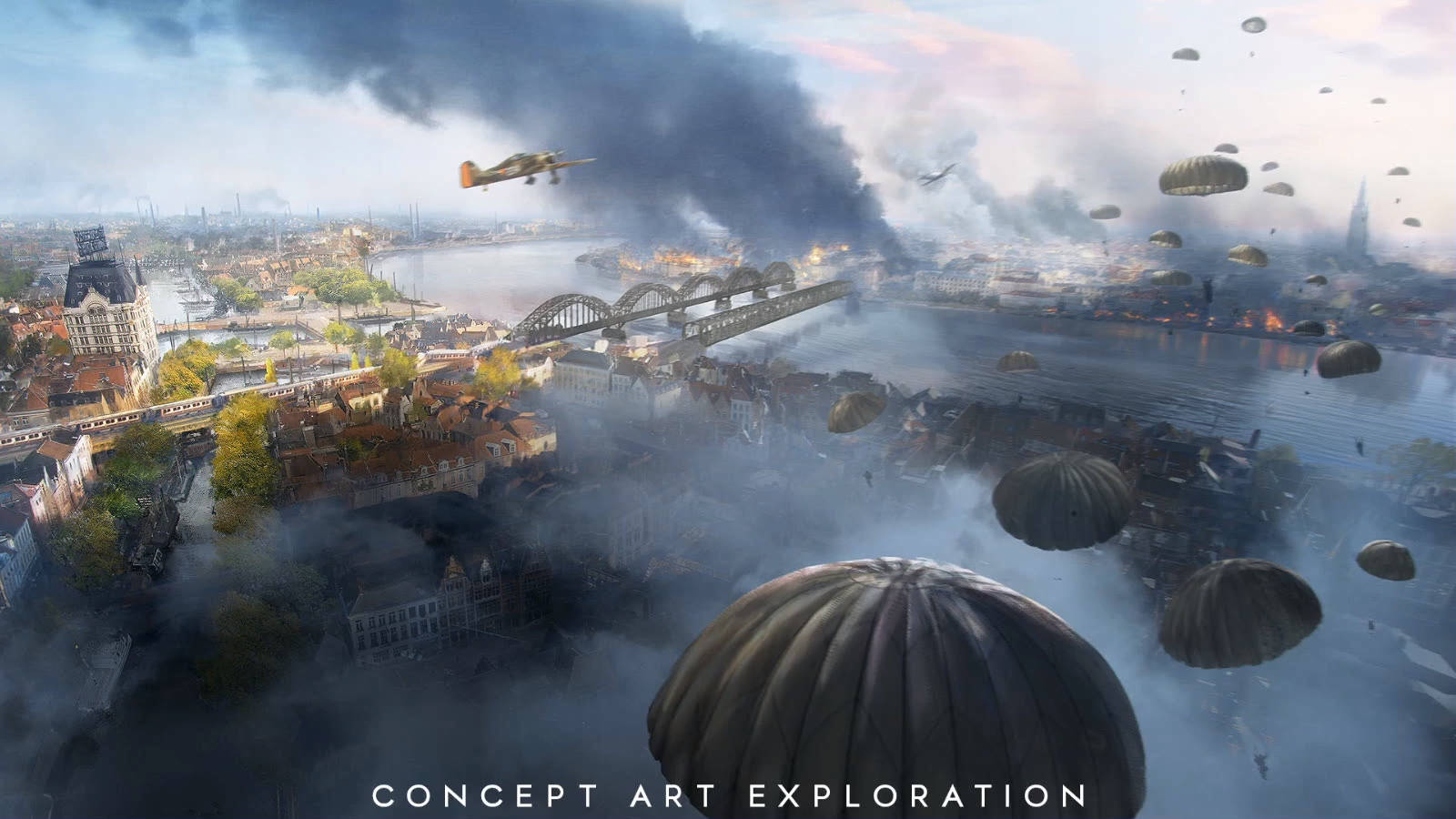 Battlefield 5 桌布 壁紙 — 從空中俯瞰一個被戰爭摧毀的城市，降落傘在燃燒的橋樑和煙霧瀰漫的天空中下降。