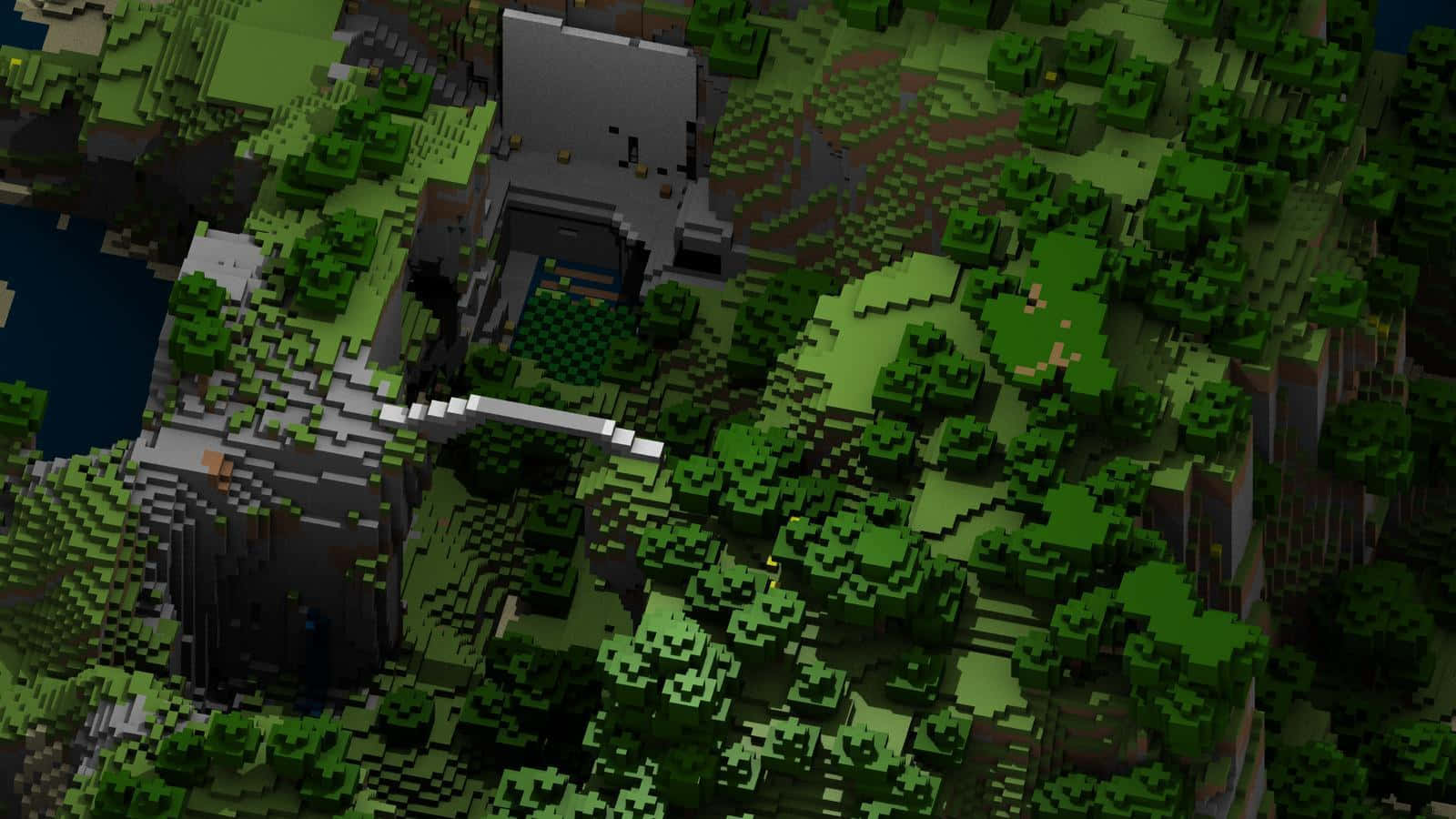 可愛 Minecraft 桌布 壁紙 — 從空中俯瞰像素化Minecraft景觀，城堡和橋樑坐落在塊狀綠色森林和懸崖之間。