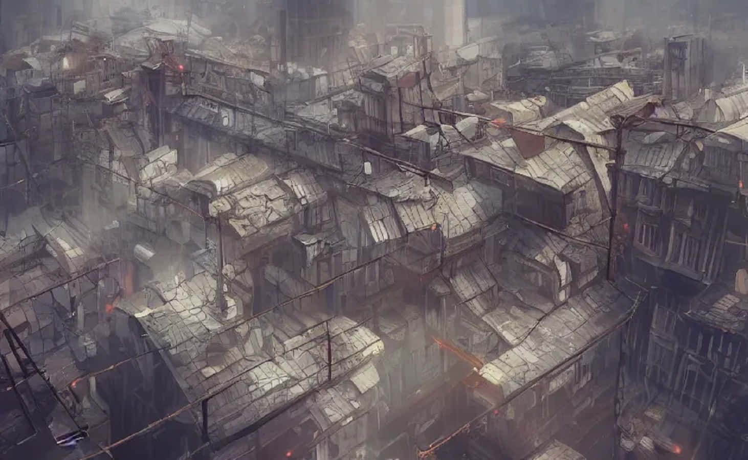 Post-apocalyptic World 桌布 壁紙 — 從空中俯瞰密集且破敗的城市擴張，裂開的屋頂和纏繞的電線在朦朧的暮色下。