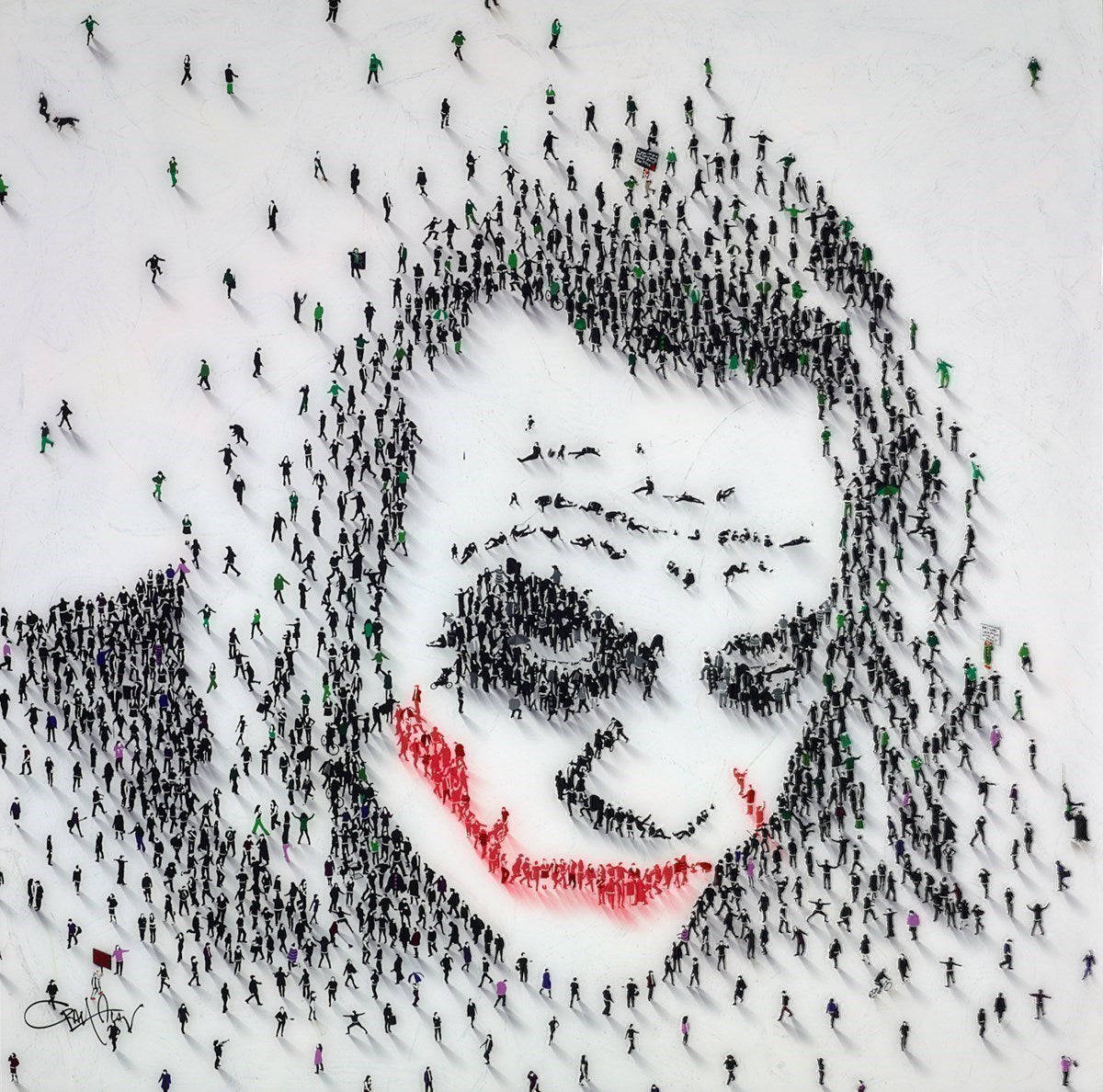 Why So Serious Joker 桌布 壁紙 — 從空中俯瞰數百個微小的人們在雪白表面上形成一個巨大的笑臉，帶有紅唇。