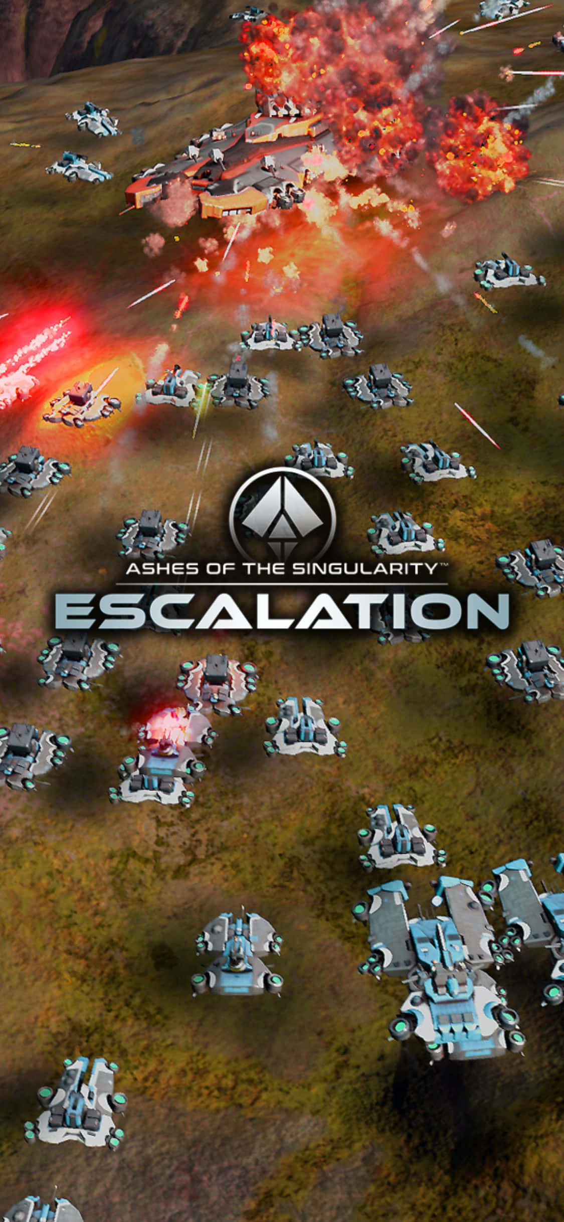 iPhone X Ashes Of The Singularity Escalation 桌布 壁紙 — 從空中俯瞰未來戰爭機器在崎嶇戰場上，於猛烈爆炸中戰鬥的景象。