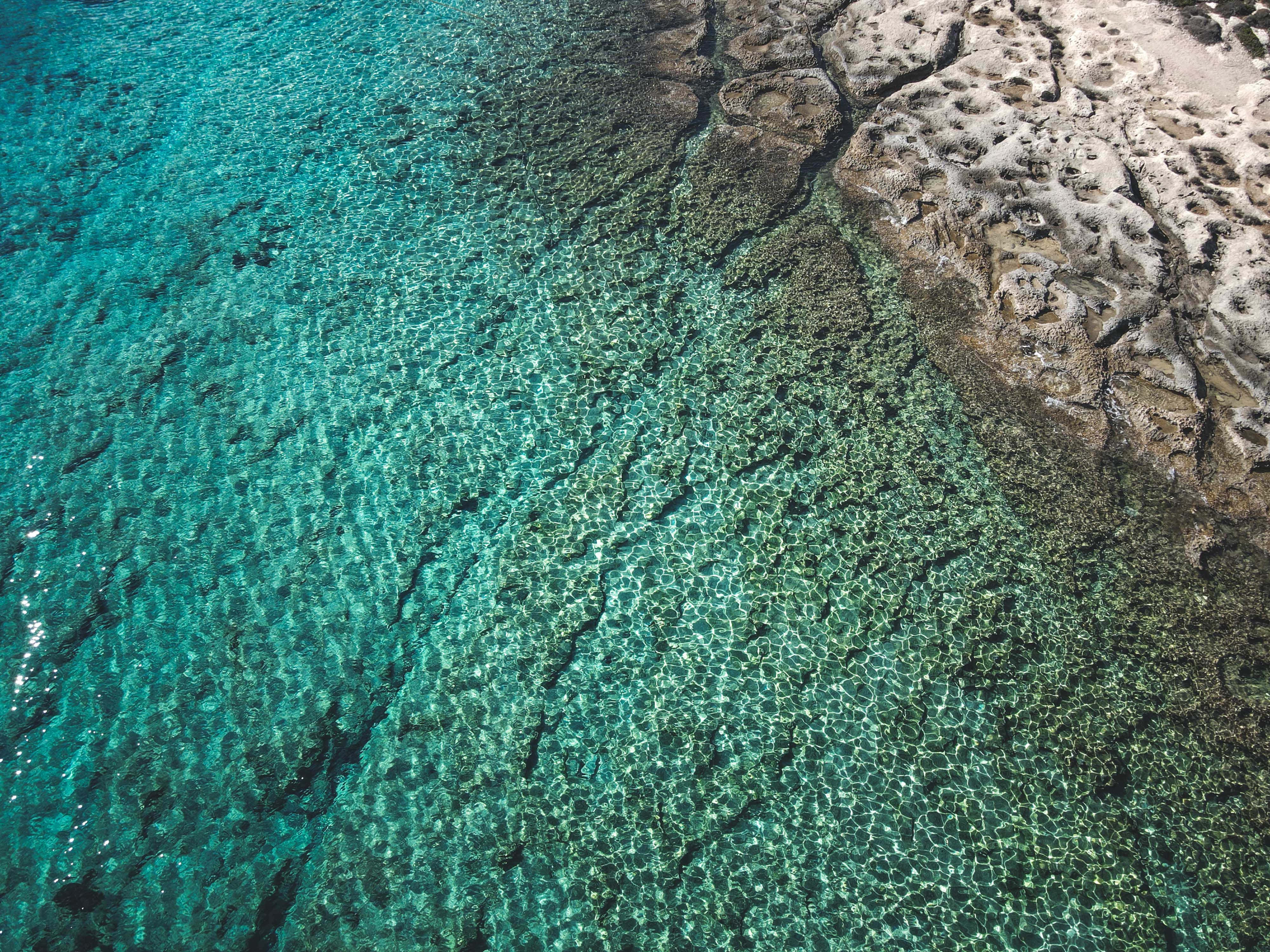 Aesthetic Beachy 桌布 壁紙 — 從空中俯瞰清澈的碧綠海水，露出鮮豔的珊瑚礁圖案，旁邊是崎嶇的、被陽光曬白的岩石 formations。