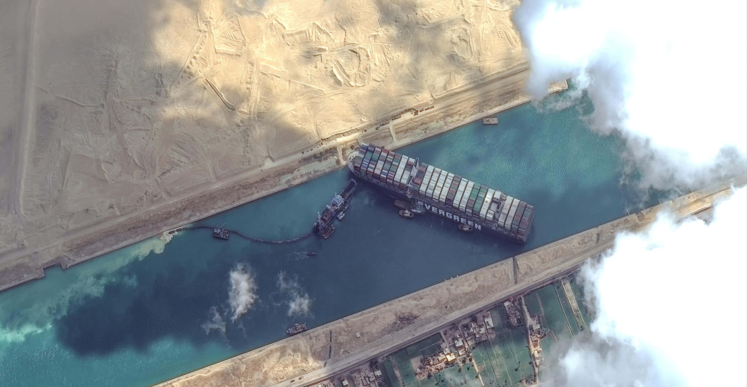 Cargo Ship 桌布 壁紙 — 從空中俯瞰長賜號貨櫃輪在蘇伊士運河橫向擱淺，拖船正在努力將其解救。