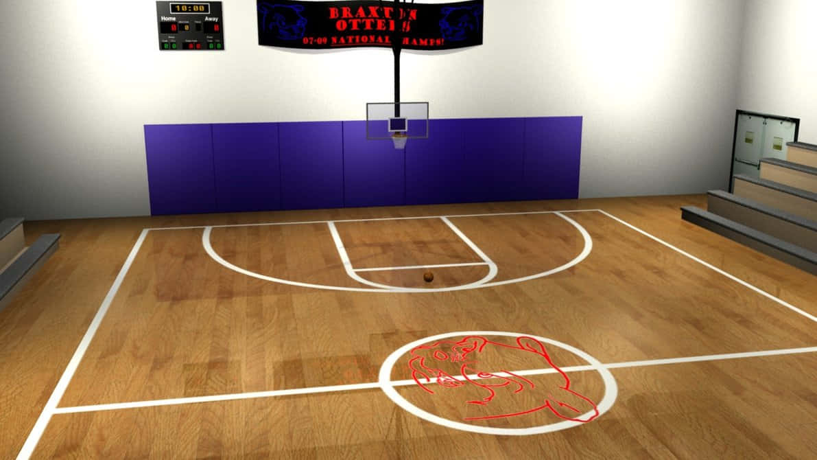 Basketball Court 桌布 壁紙 — 從籃框下方觀看，一個擁有木地板和紫色牆板的籃球場。