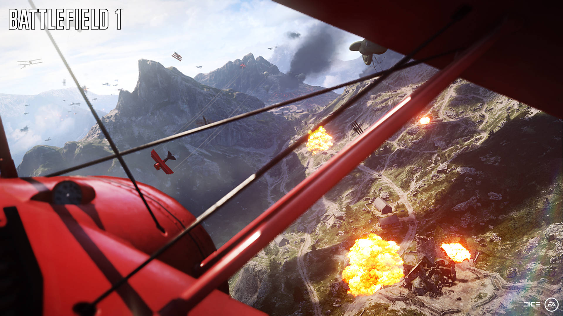Battlefield 1 桌布 壁紙 — 從紅色雙翼機駕駛艙俯瞰山區地形，下方爆炸在空戰中爆發。