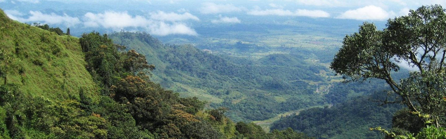 Liberia 桌布 壁紙 — 從翠綠山脊俯瞰廣闊山谷的壯麗景色，山谷中密佈茂密森林和遠處連綿起伏的丘陵，天空部分多雲。