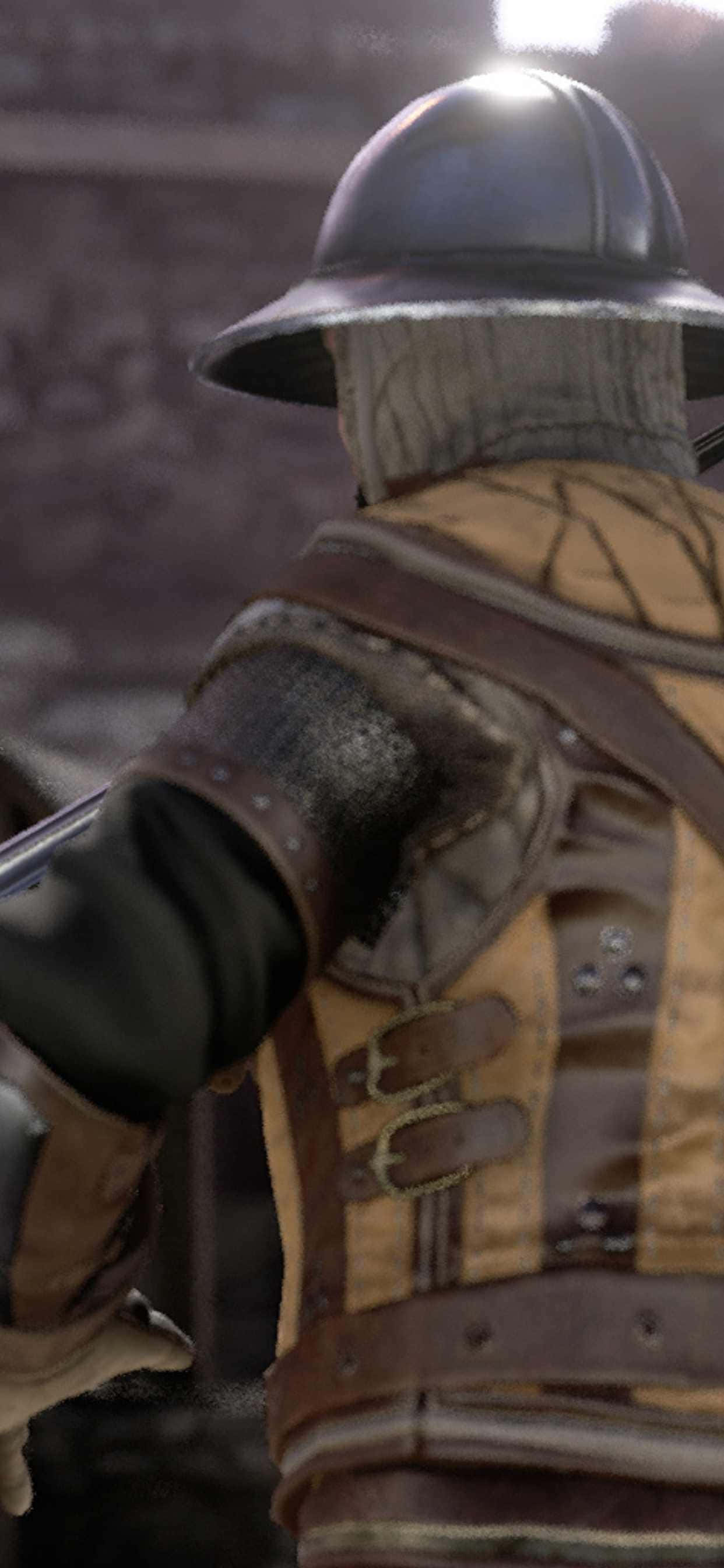 iPhone Xs Max Mordhau 桌布 壁紙 — 從背後拍攝的中世紀騎士特寫，身穿破舊皮革盔甲和金屬頭盔。