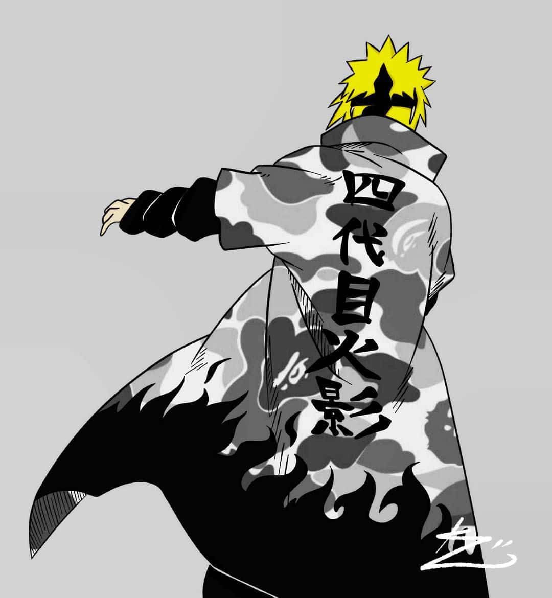 minato namikaze 桌布 壁紙 — 從背後看到的動漫角色，有尖刺黃色頭髮和帶有漢字和火焰設計的迷彩斗篷。