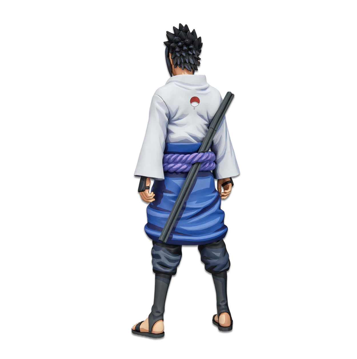 Sasuke 桌布 壁紙 — 從背後看到的動漫角色，身穿白色長袍、藍色褲子，肩上扛著一把長長的黑色武器。