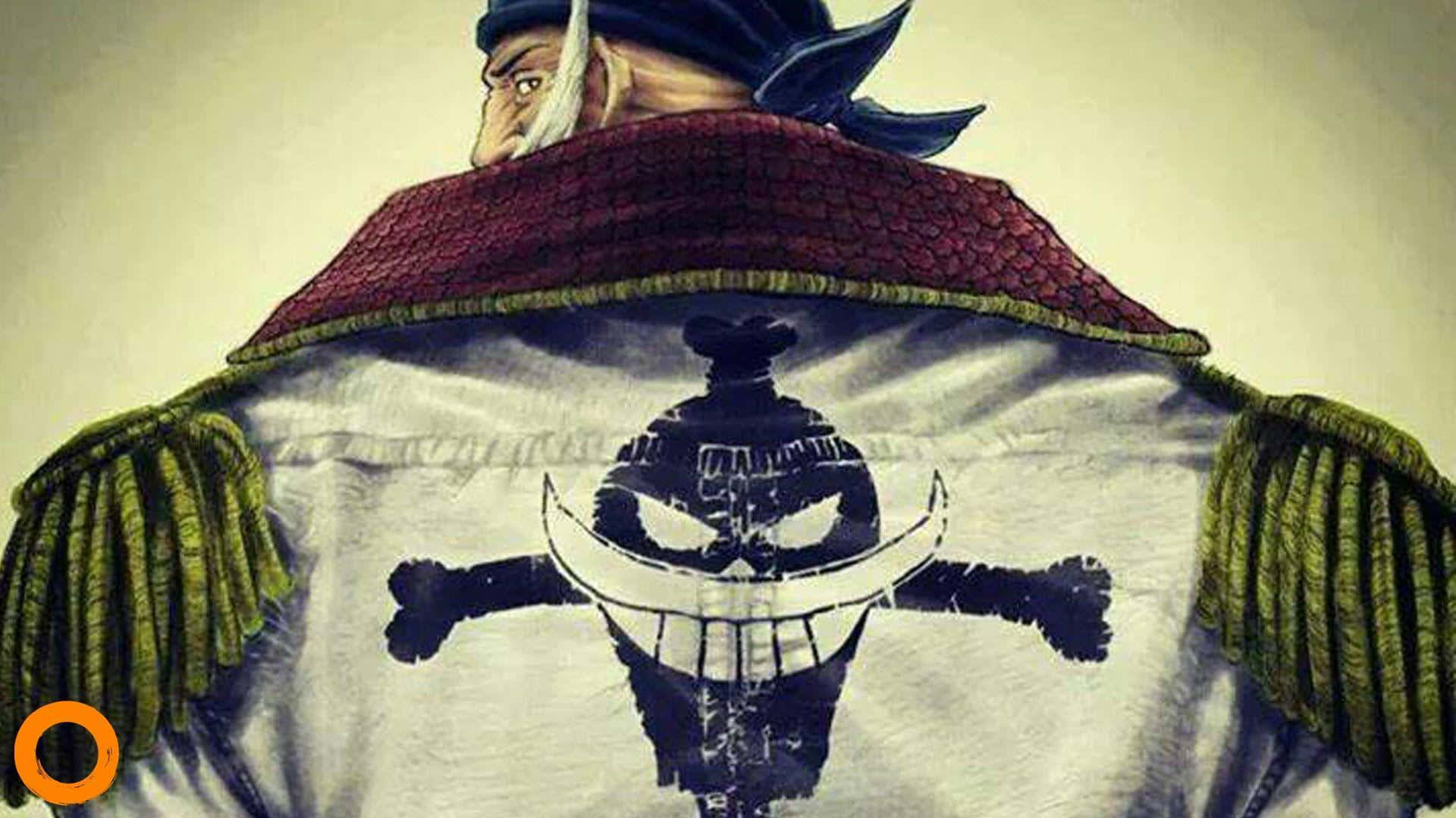 Whitebeard 桌布 壁紙 — 從背後看到的海盜船長，身穿帶有骷髏頭和交叉骨頭標誌的白色外套和紅色披風。