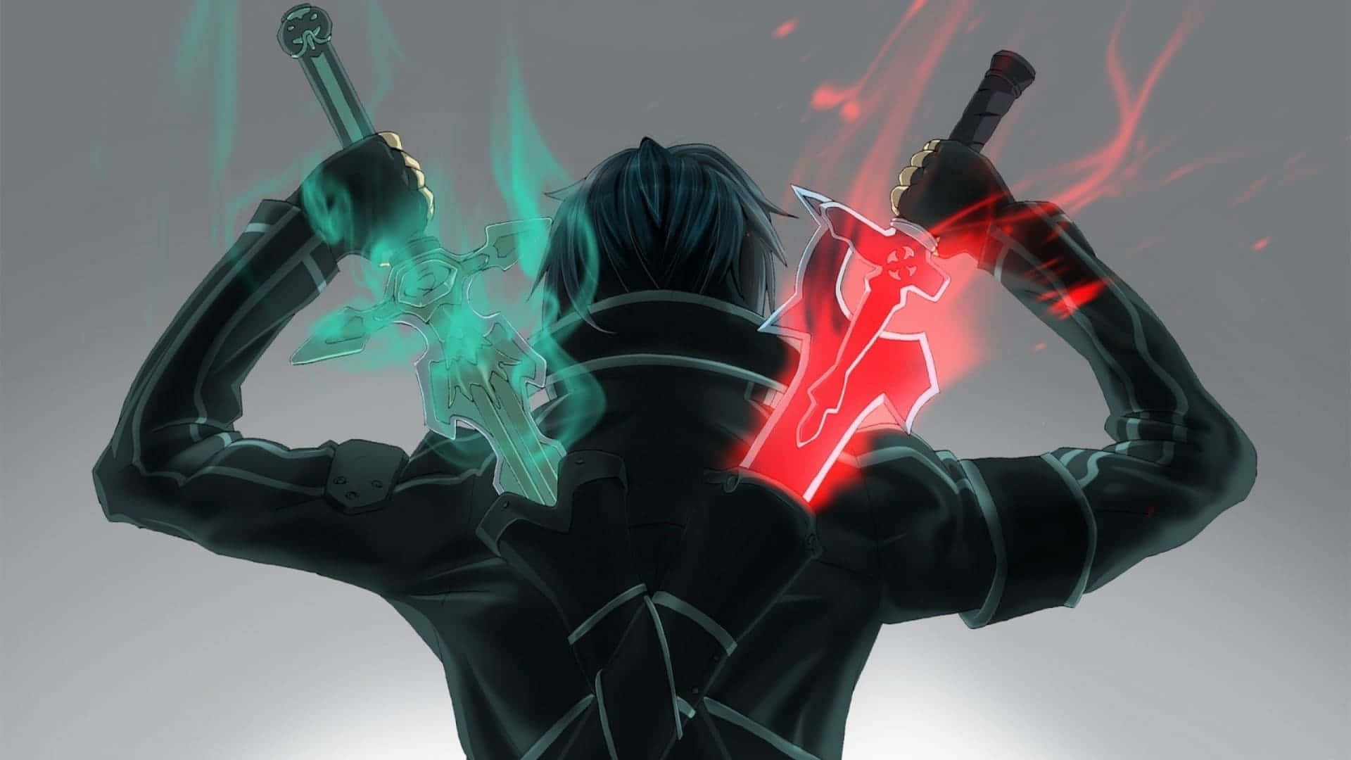 Kirito 桌布 壁紙 — 從背後看到的黑髮動漫角色在灰色背景下揮舞著發光的綠色和紅色劍。