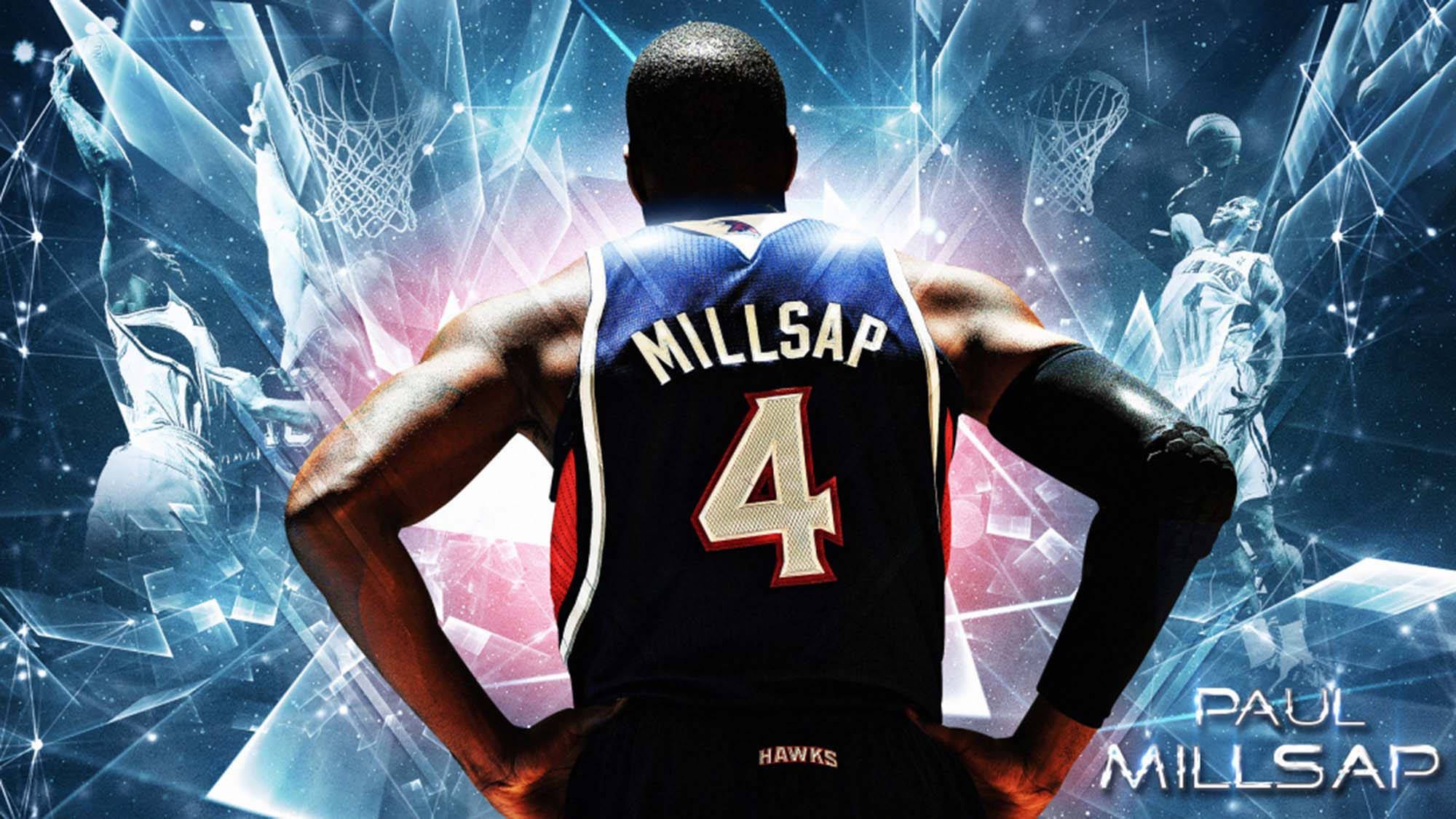 paul millsap 桌布 壁紙 — 從背後看到身穿老鷹隊4號球衣的籃球運動員Paul Millsap，雙手叉腰，自信地站在發光的未來感體育場館背景前。