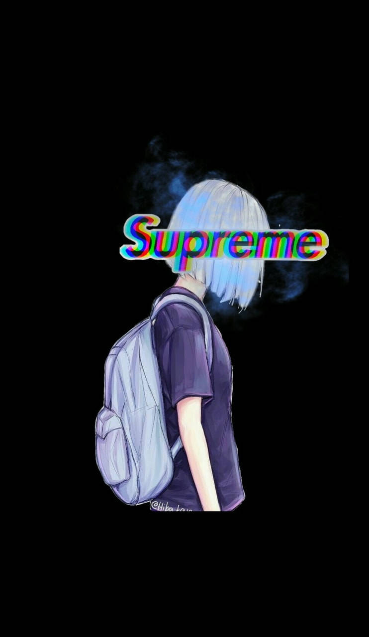 動漫女孩 桌布 壁紙 — 從背後觀看銀髮揹背包的動漫角色，背景為黑色，帶有彩虹 Supreme 標誌。