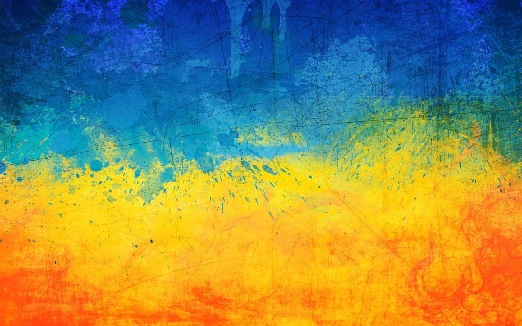 Ukraine 桌布 壁紙 — 從藍色到橙色的鮮豔抽象漸變，帶有紋理筆觸和刮痕。