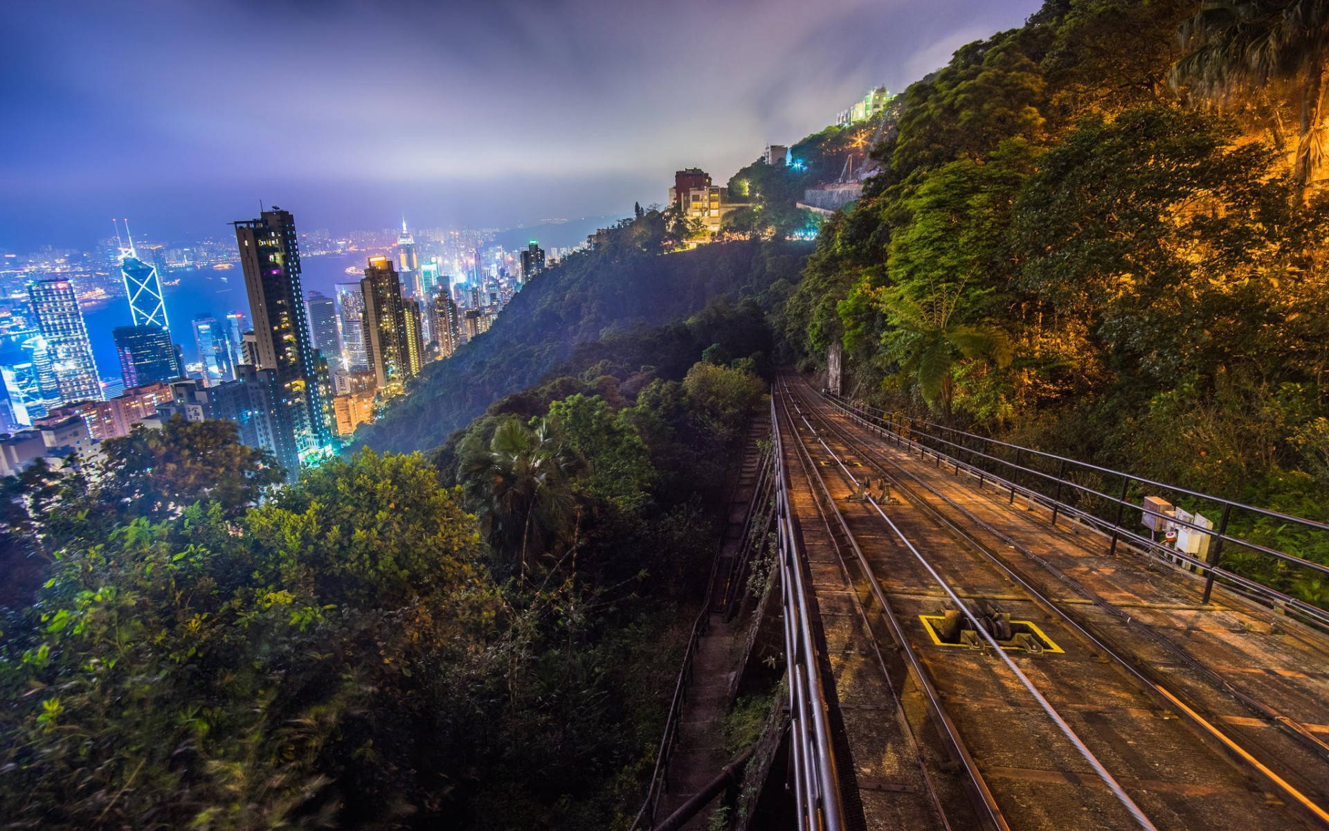山坡 桌布 壁紙 — 從蜿蜒穿過茂密綠意的陡峭山坡電車軌道上，欣賞香港璀璨的夜景天際線。