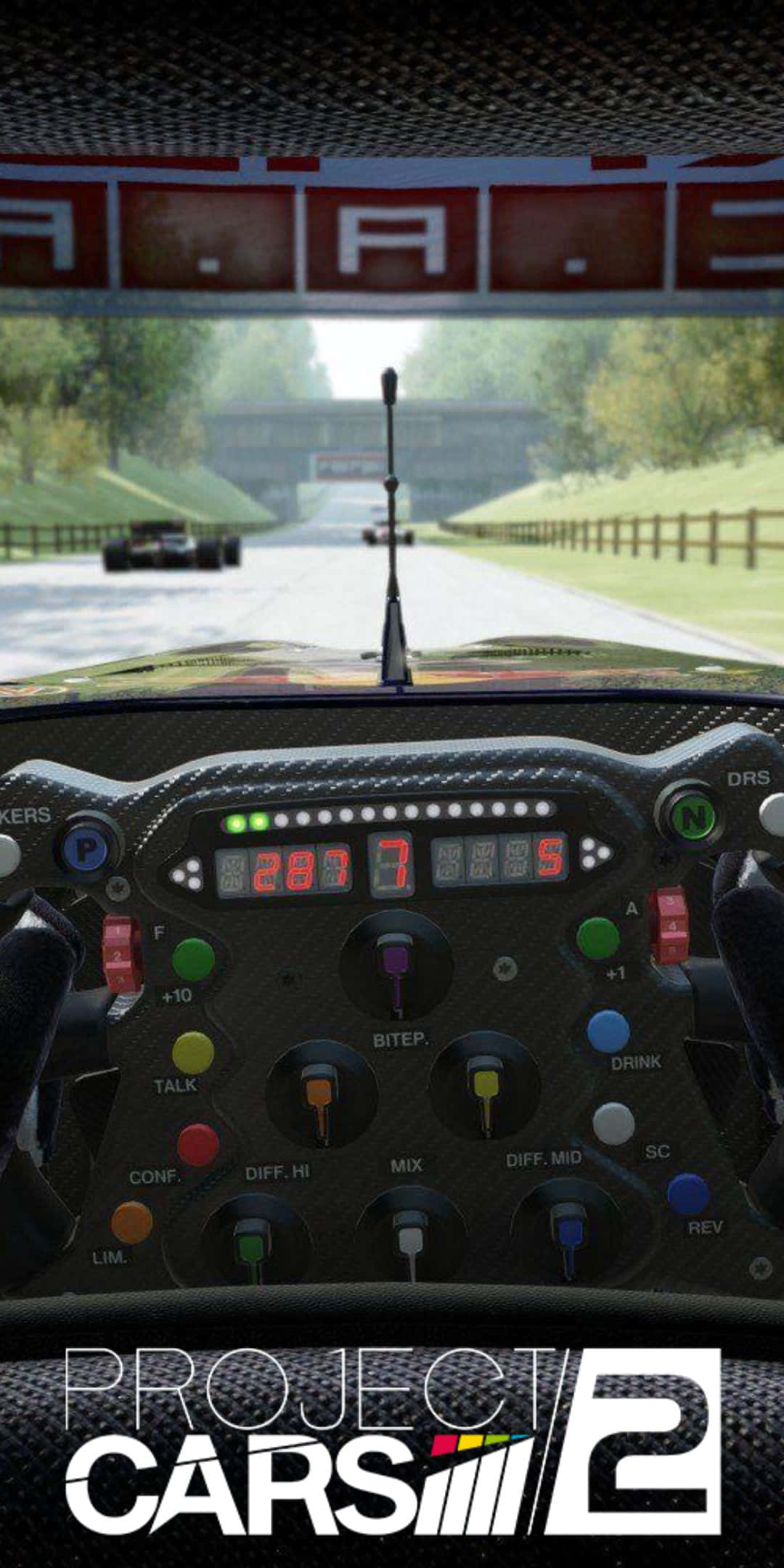 Pixel 3 Project Cars 2 桌布 壁紙 — 從賽車駕駛艙內的第一人稱視角，顯示天橋下潮濕的賽道，前方有另一輛車。