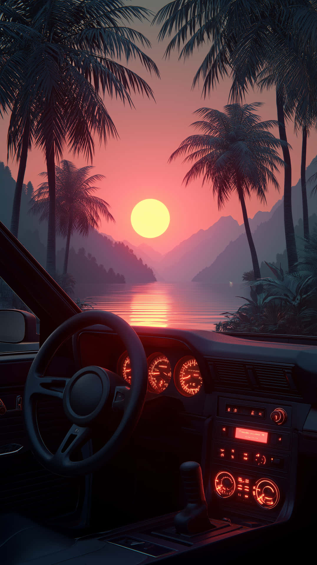 Driving Coastal Road at Sunset with Palm Trees and Ocean 壁紙 — 從車內儀表板發出紅光，熱帶日落倒映在水面上，周圍環繞著棕櫚樹和山脈。