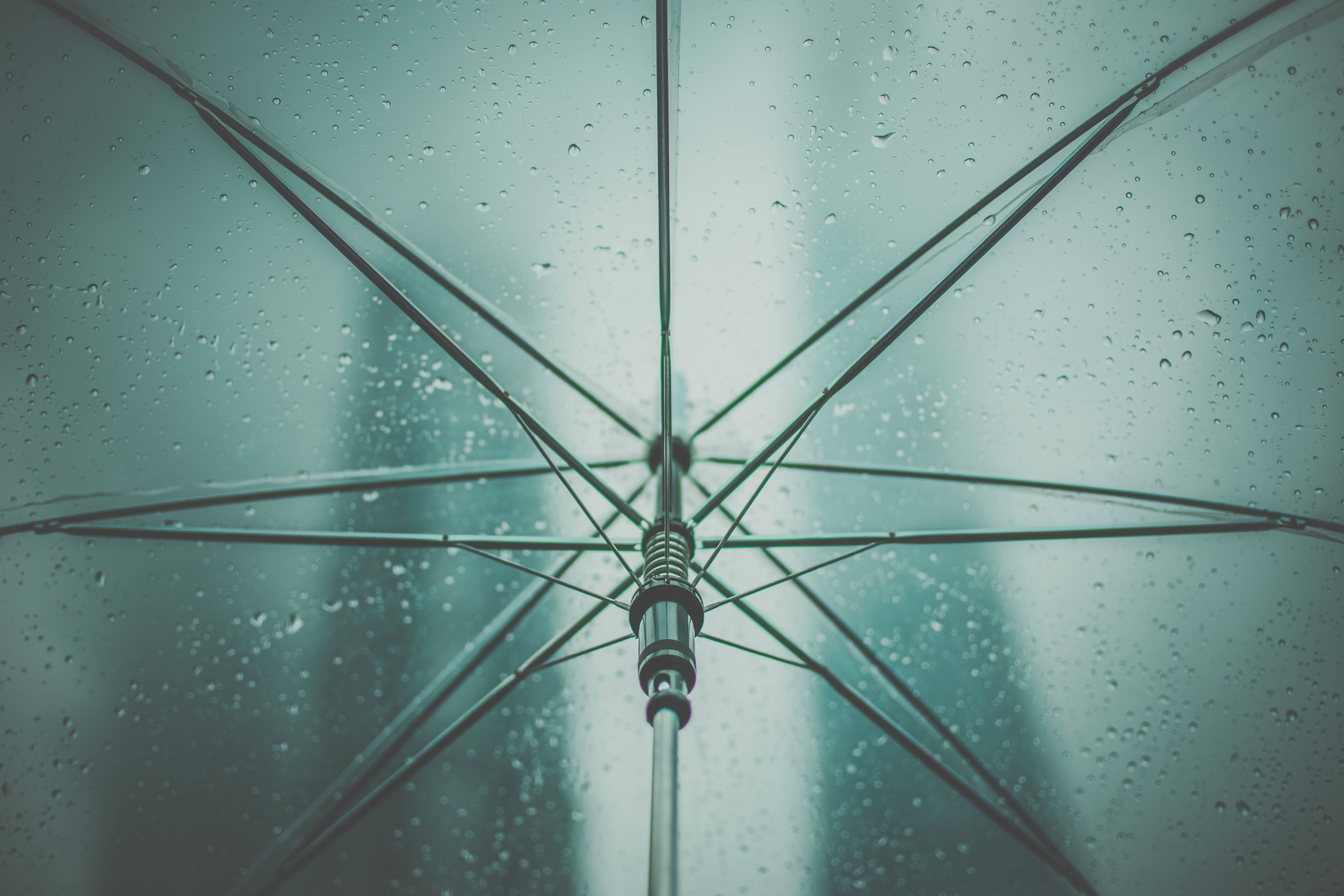 Umbrella 桌布 壁紙 — 從透明雨傘下方近距離觀看，雨滴附著在傘面上，背景是模糊的藍綠色。