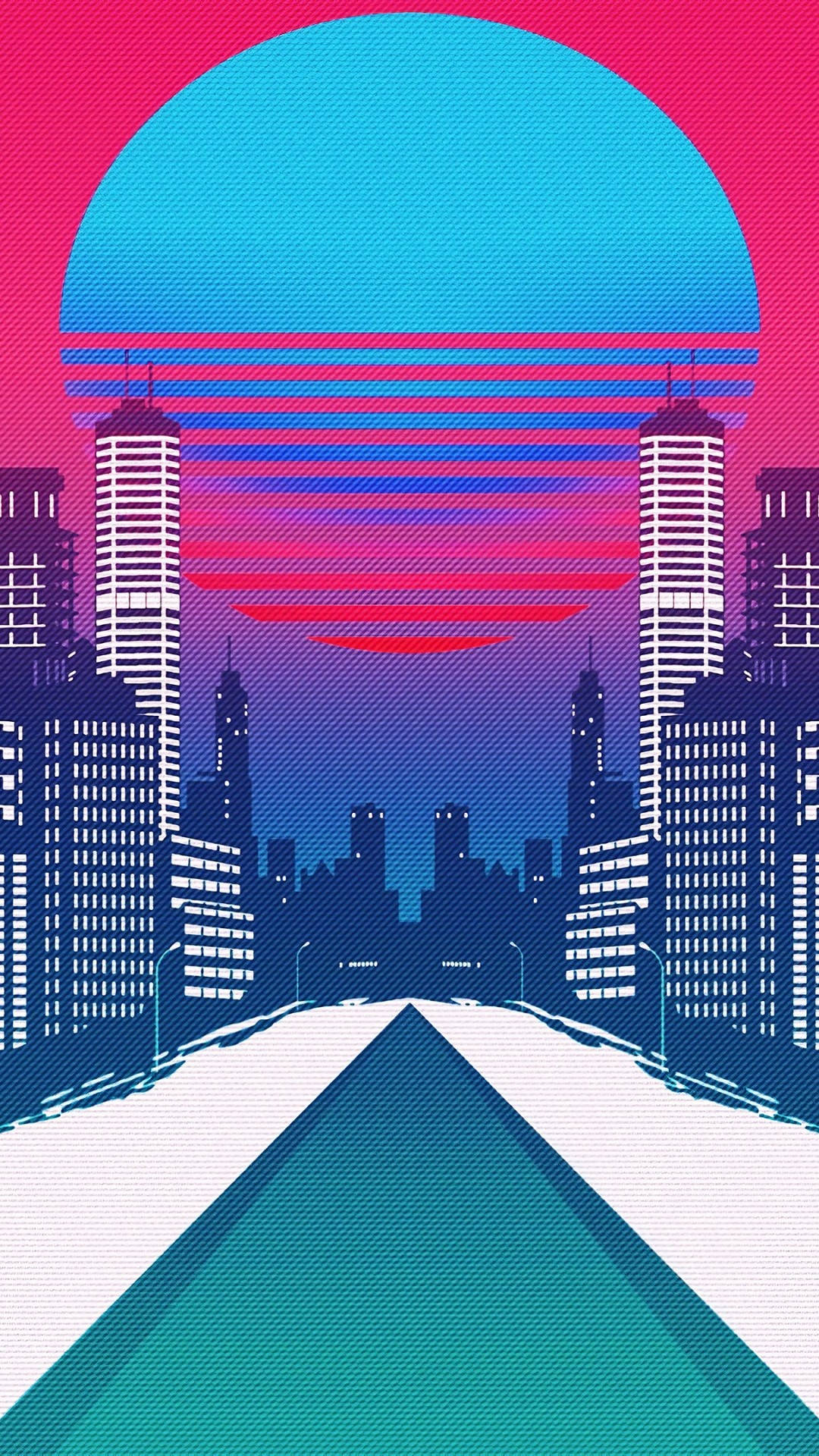 復古 桌布 壁紙 — 從通往地平線的道路上看到的復古未來主義城市景觀，巨大的藍色太陽落在摩天大樓之上。