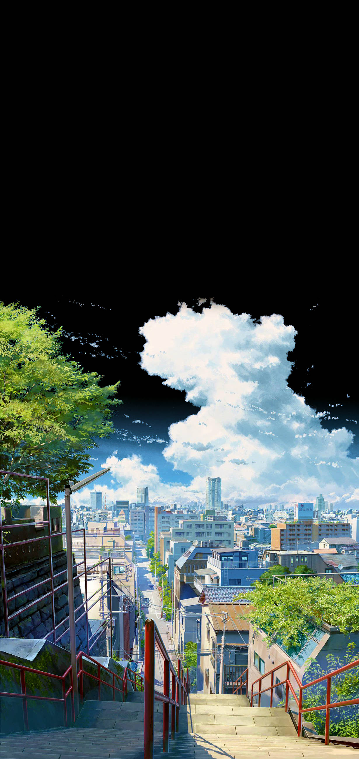 kimi no na wa phone 桌布 壁紙 — 從陡峭樓梯俯瞰的充滿活力的動漫風格城市景觀，有茂密的綠色樹木和戲劇性的白色雲朵，背景是黑色天空。