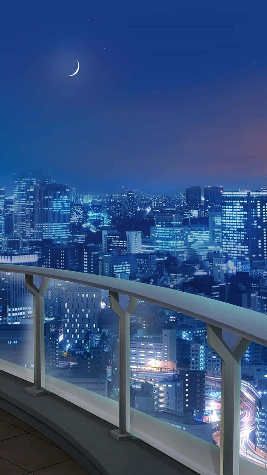 Rooftop 桌布 壁紙 — 從陽台俯瞰新月下閃爍的城市景觀的寧靜夜景。