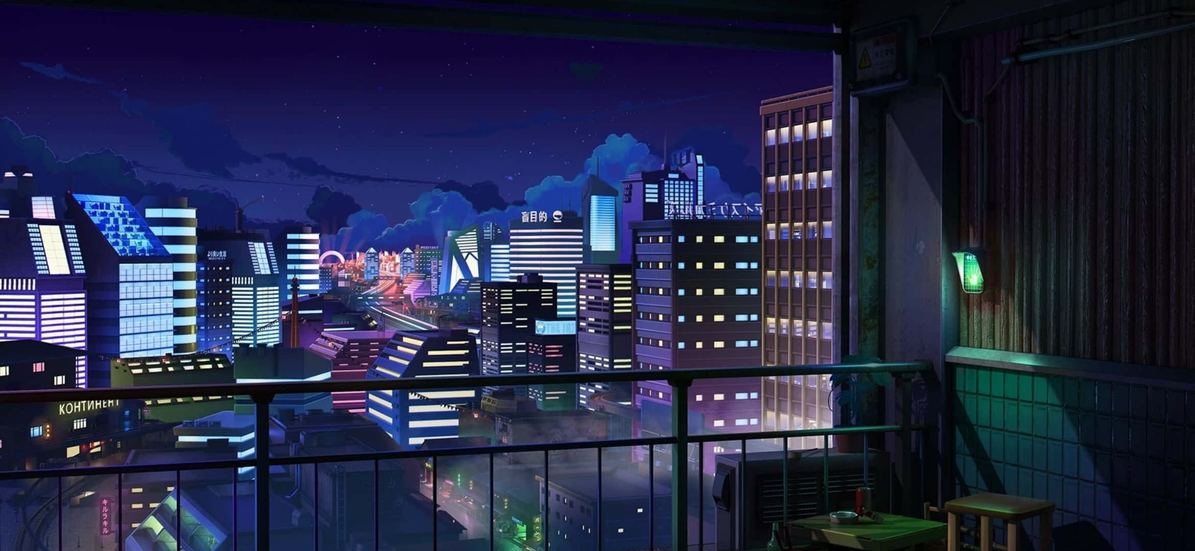 2340x1080 桌布 壁紙 — 從陽台觀賞的充滿活力的動漫風格夜景，帶有發光的霓虹燈和星空。