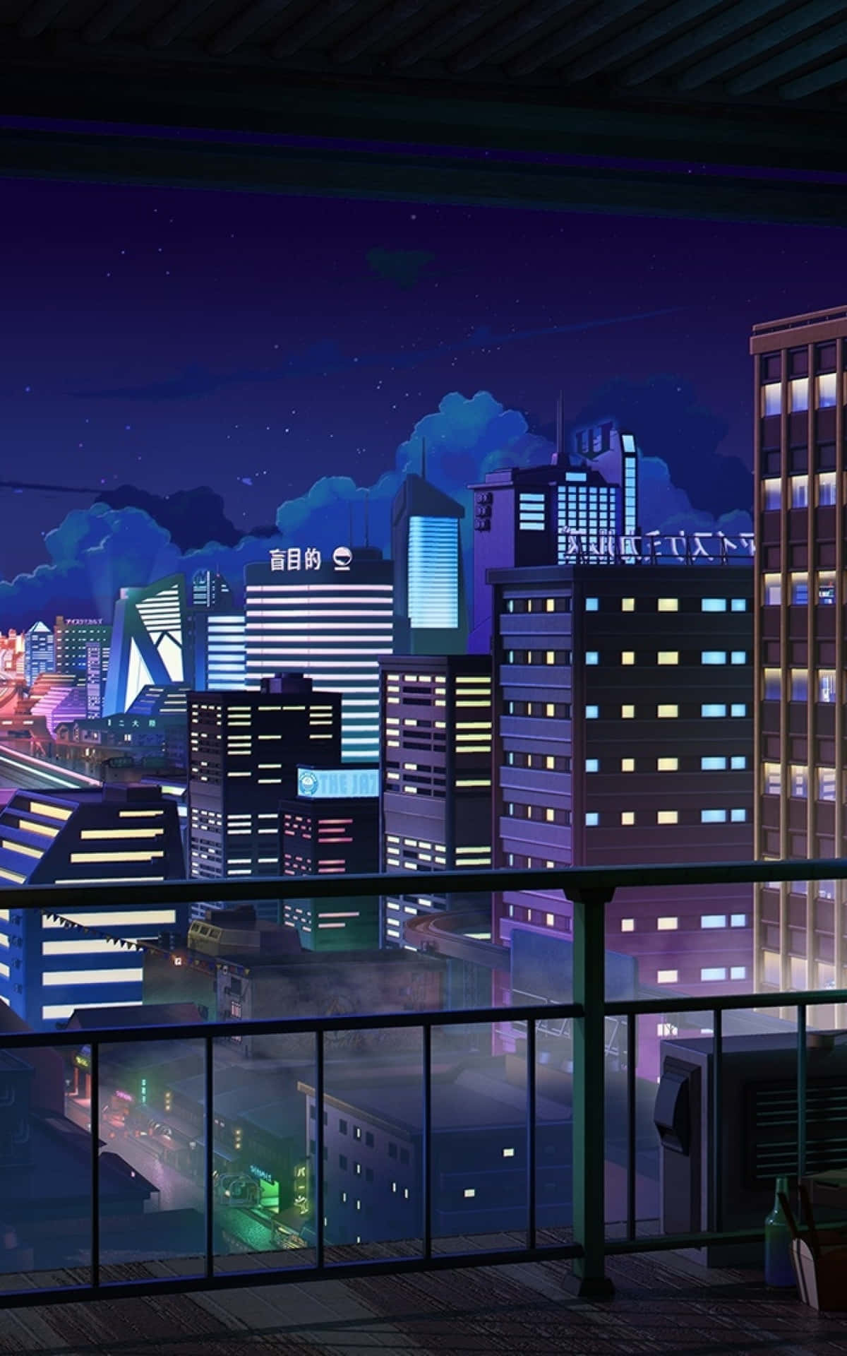 在星空下從陽台觀賞霓虹燈照亮動畫城市的夜景。 — 動畫風景 壁紙