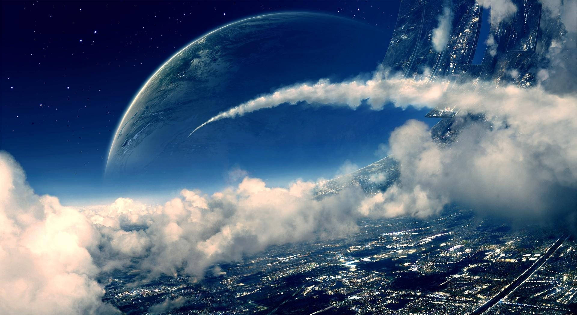 行星動畫 桌布 壁紙 — 從雲層上方俯瞰的未來城市景觀，巨大的行星和太空站籠罩在星空之中。