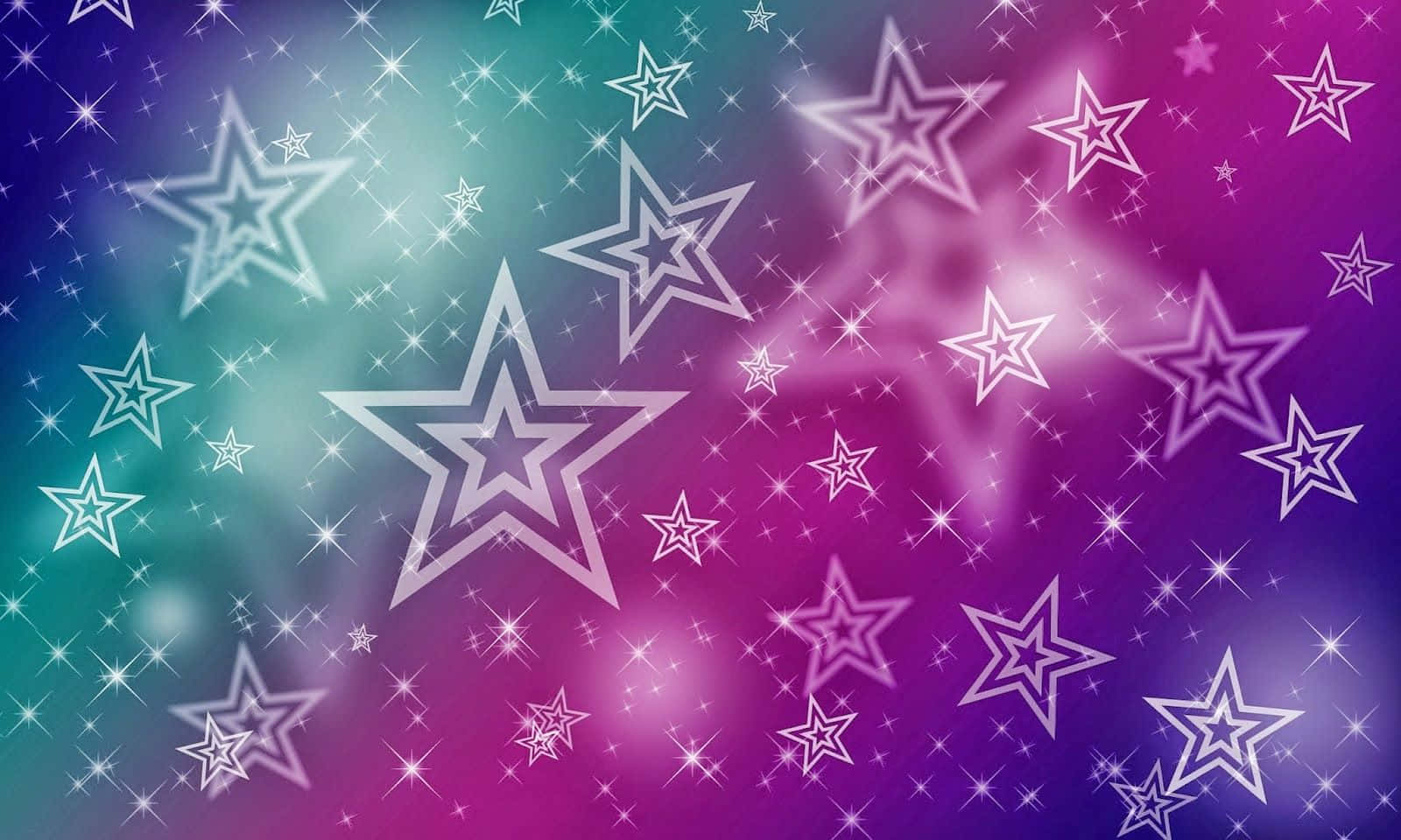 Purple Star 桌布 壁紙 — 從青綠色到洋紅色的鮮豔漸變背景，帶有發光的白色輪廓星星和閃爍的光效。