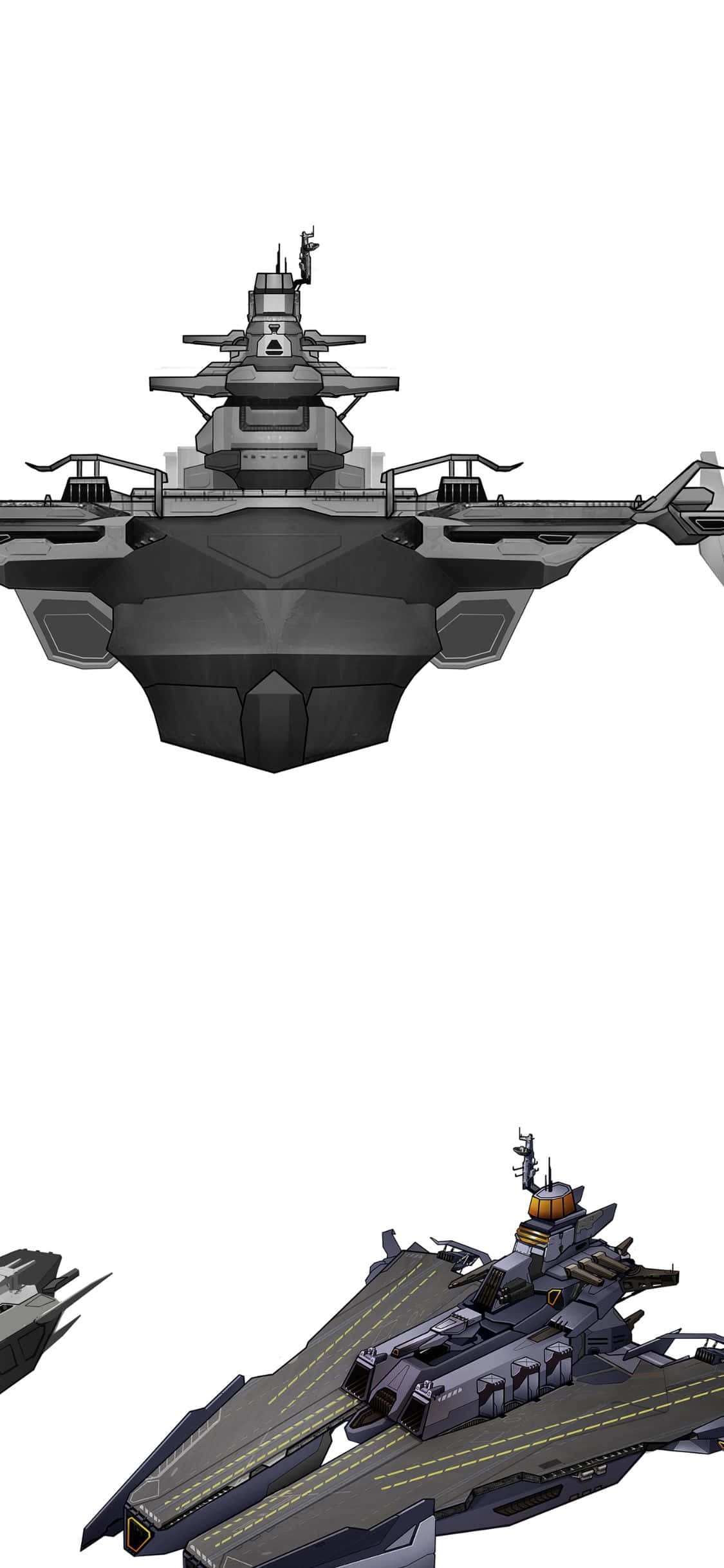 iPhone Xs Civilization Beyond Earth 桌布 壁紙 — 從頂部和側面角度觀看的時尚未來戰艦，具有棱角設計和發光的橙色點綴。