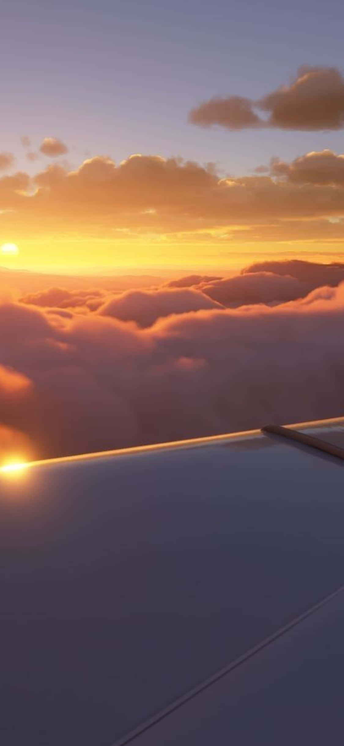 iPhone Xs Microsoft Flight Simulator 桌布 壁紙 — 從飛機窗戶看到，夕陽餘暉沐浴著下方蓬鬆的雲朵，機翼在前景。