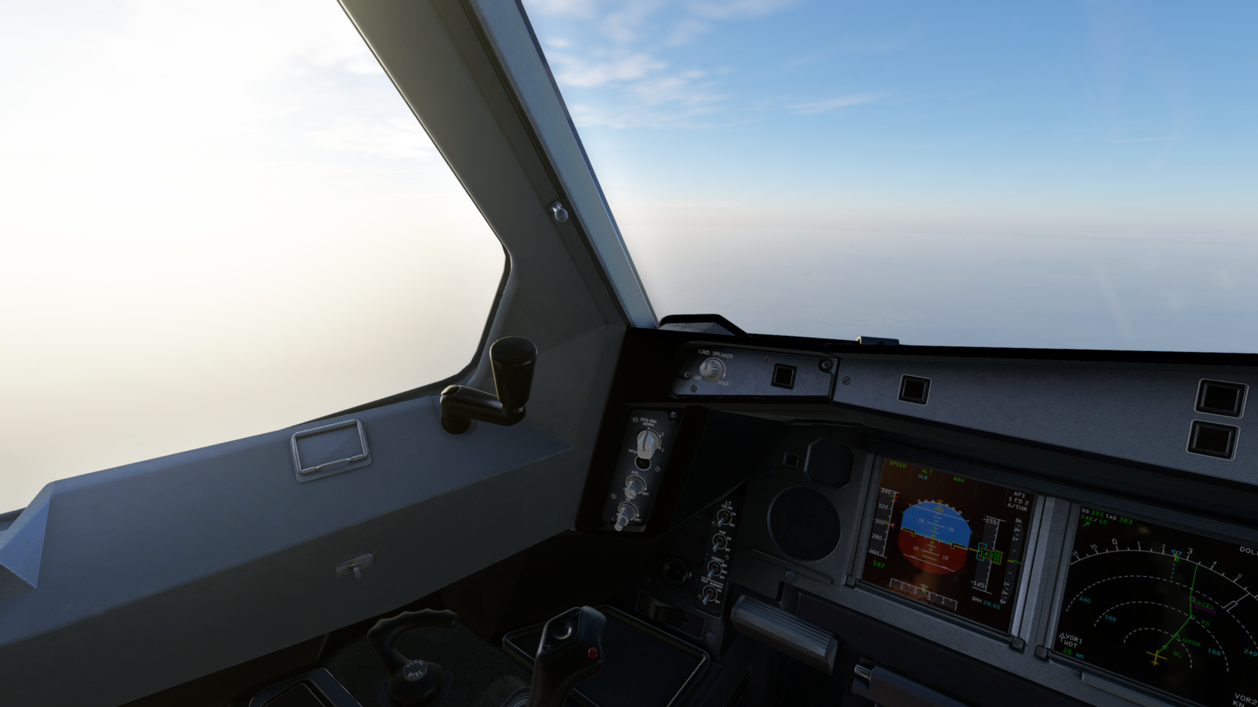 Cockpit 桌布 壁紙 — 從飛機駕駛艙俯瞰雲層之上的景色，清晰藍天和前景的儀表板。