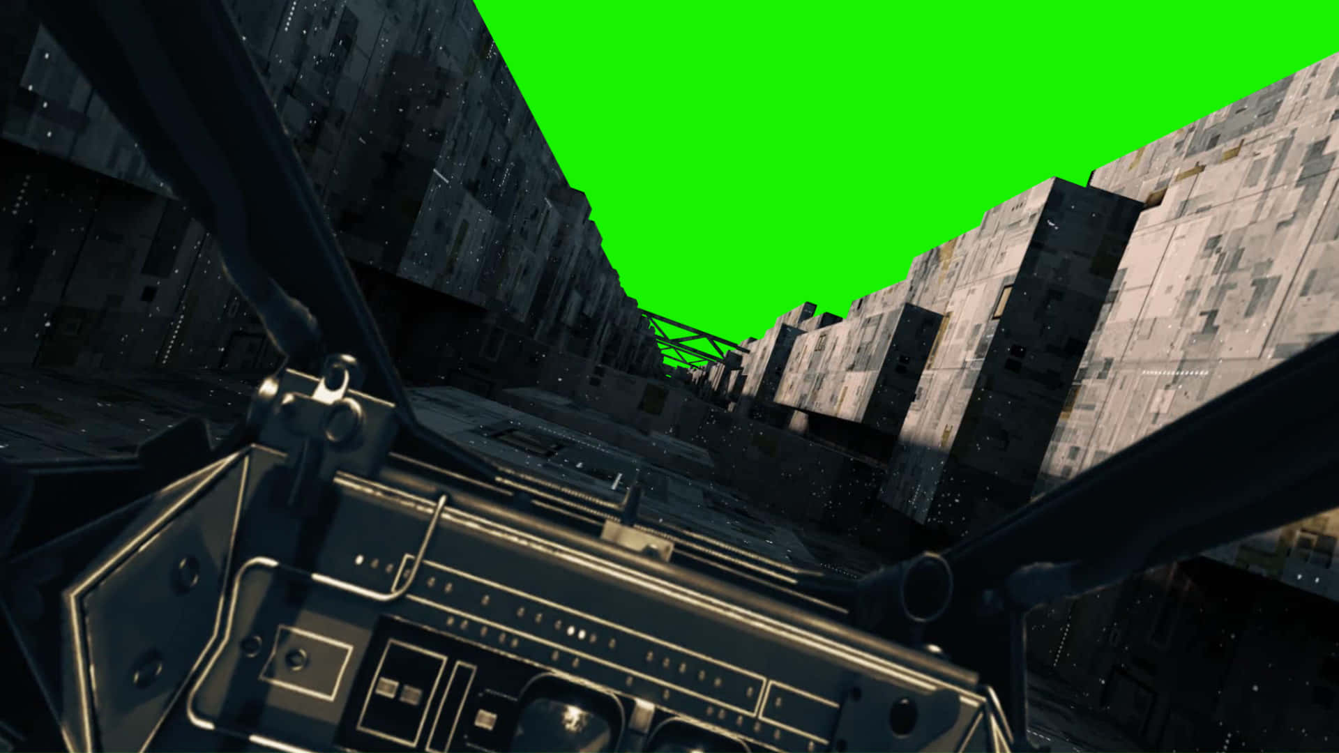 The Trench Run 桌布 壁紙 — 從駕駛艙內部飛越狹窄峽谷的第一人稱視角，天空為綠幕。