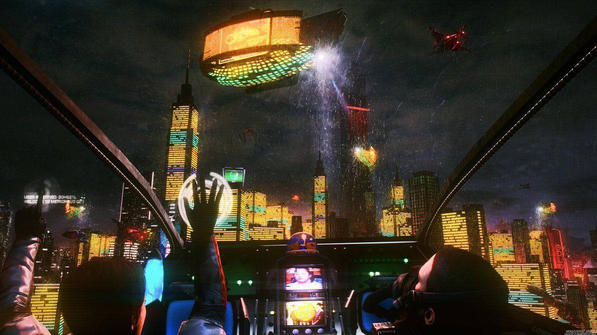 lofi 桌布 壁紙 — 從駕駛艙觀看的未來城市夜景，有發光的霓虹燈摩天大樓和雨中飛行的車輛。