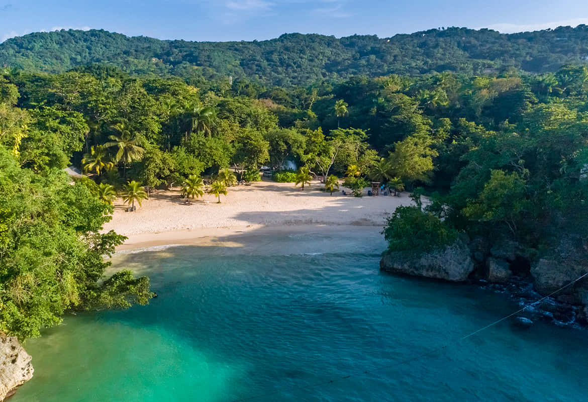 Jamaican Beach 桌布 壁紙 — 從高空俯瞰，一個隱藏在茂密綠色叢林山丘之間的熱帶海灘，擁有碧綠清澈的海水。