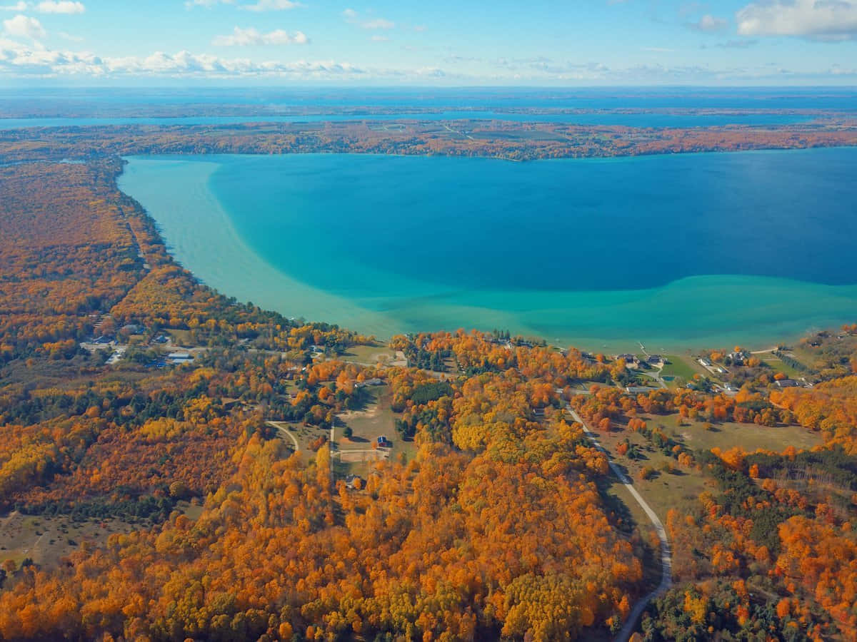 Torch Lake 桌布 壁紙 — 從高空俯瞰，一片充滿活力的秋日森林毗鄰碧綠湖泊，上方是明亮的藍天，點綴著幾朵白雲。