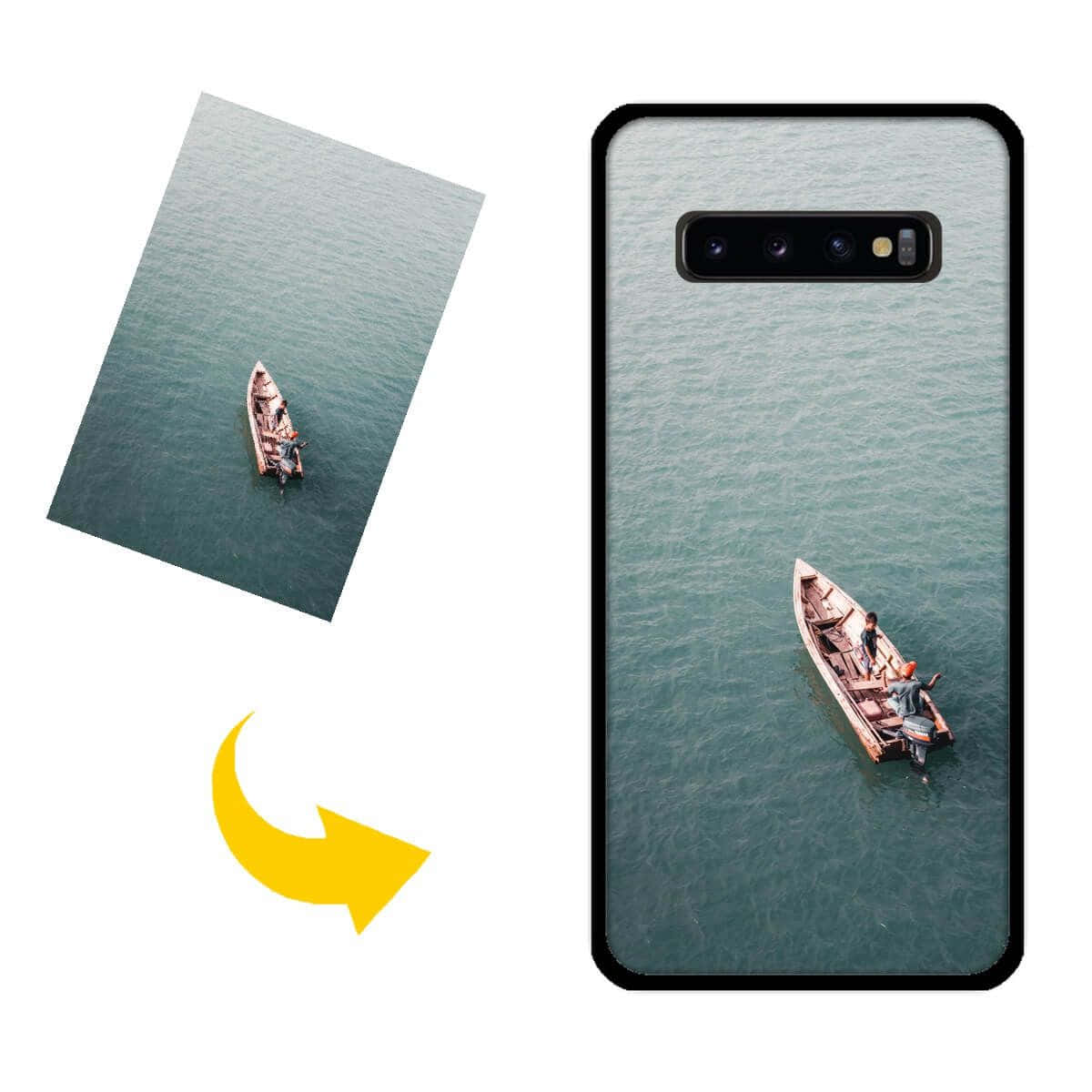 Galaxy S10 桌布 壁紙 — 從高空俯瞰，兩人在一艘小木船上，漂浮在平靜的藍綠色水面上。
