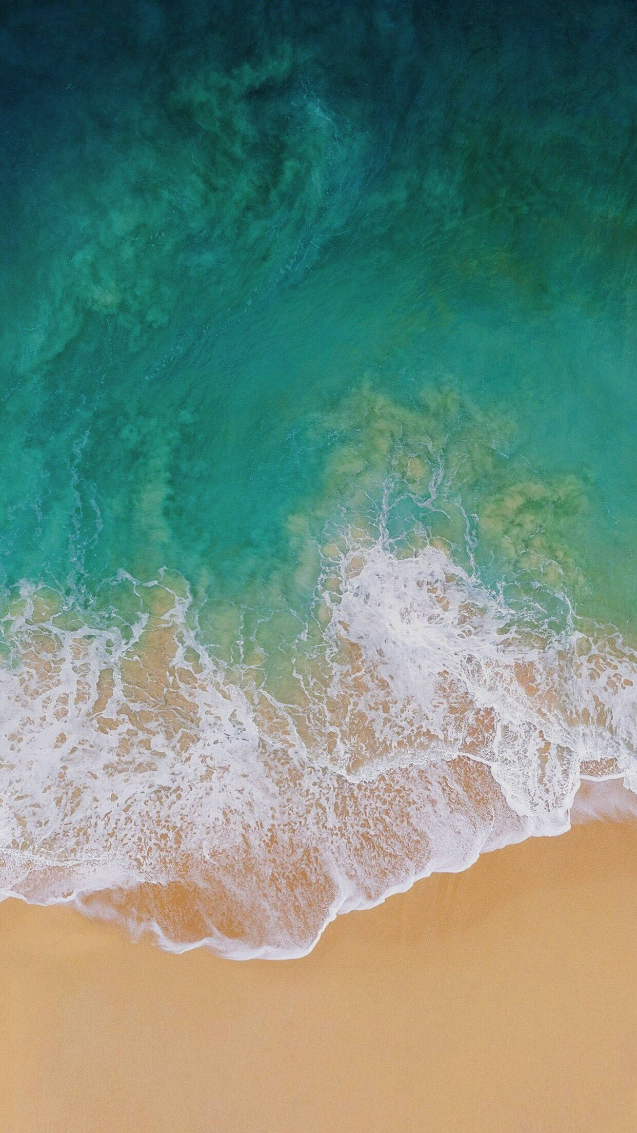 iPod Touch 桌布 壁紙 — 從高空俯瞰，在寧靜的海岸景色中，碧綠色的海浪拍打著金色沙灘。