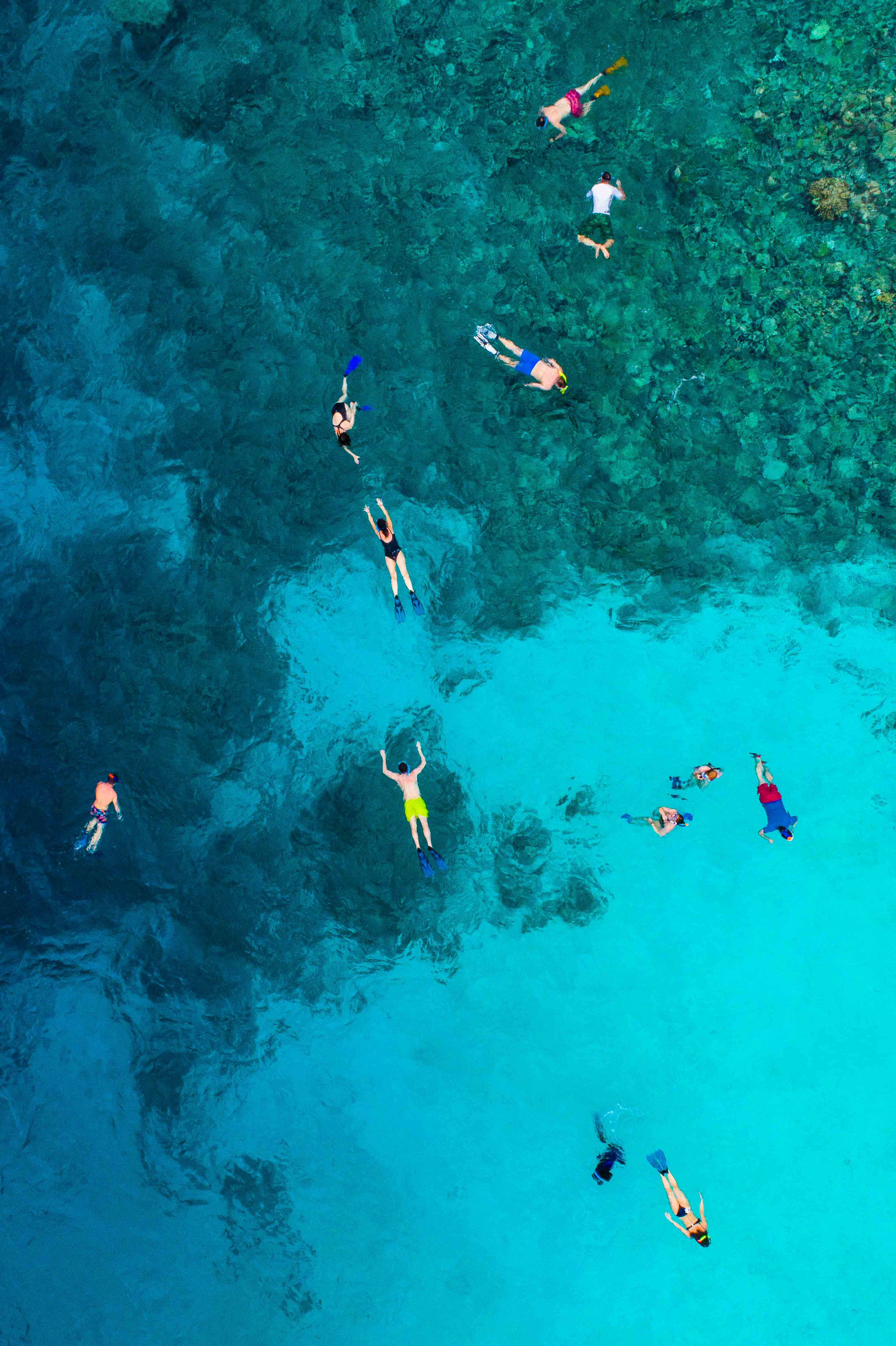 Snorkeling 桌布 壁紙 — 從高空俯瞰，浮潛者在色彩繽紛的珊瑚礁上，漂浮在充滿活力的碧綠海水中。