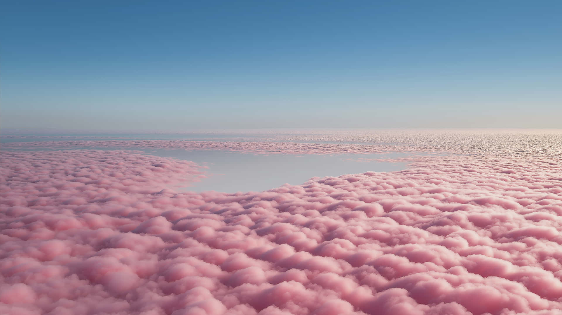 Vast Expanse of Fluffy Pink Clouds Under Clear Blue Sky 壁紙 — 從高空俯瞰，無盡的粉紅色棉花糖雲朵在清澈藍天和寧靜地平線下延伸。