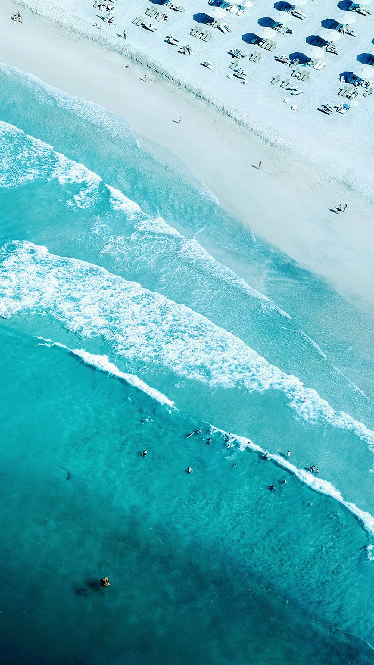 Best Summer 桌布 壁紙 — 從高空俯瞰，碧綠色的海浪拍打著白色沙灘，沙灘上點綴著藍色遮陽傘和享受日光浴的人們。