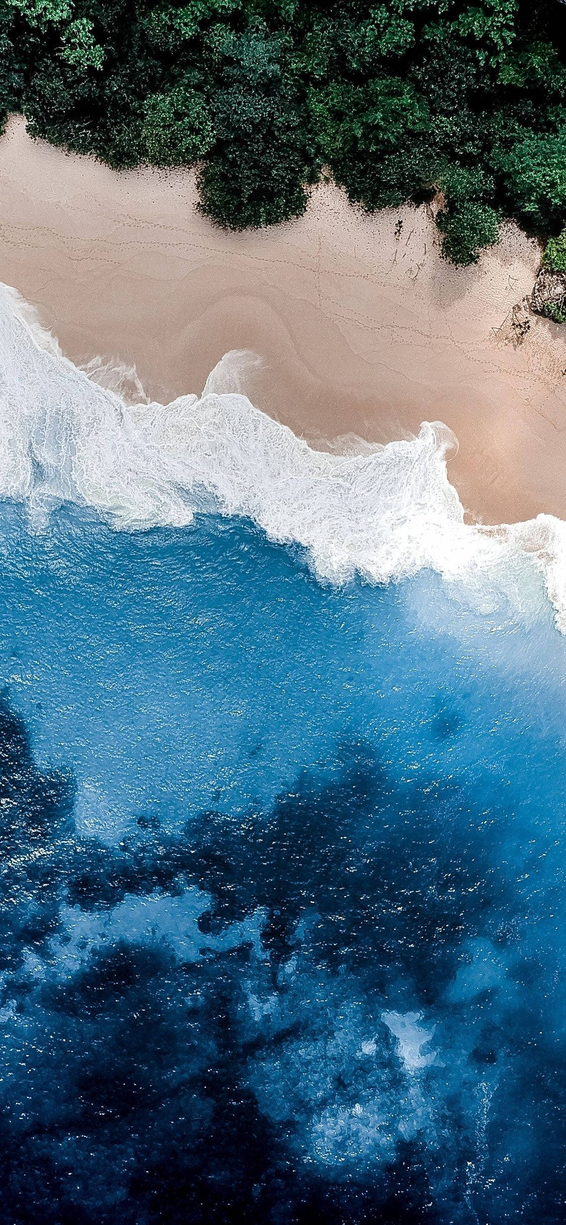 Wave 桌布 壁紙 — 從高空俯瞰，綠松石色的海浪拍打著沙灘，沙灘兩旁是茂密的綠色叢林。