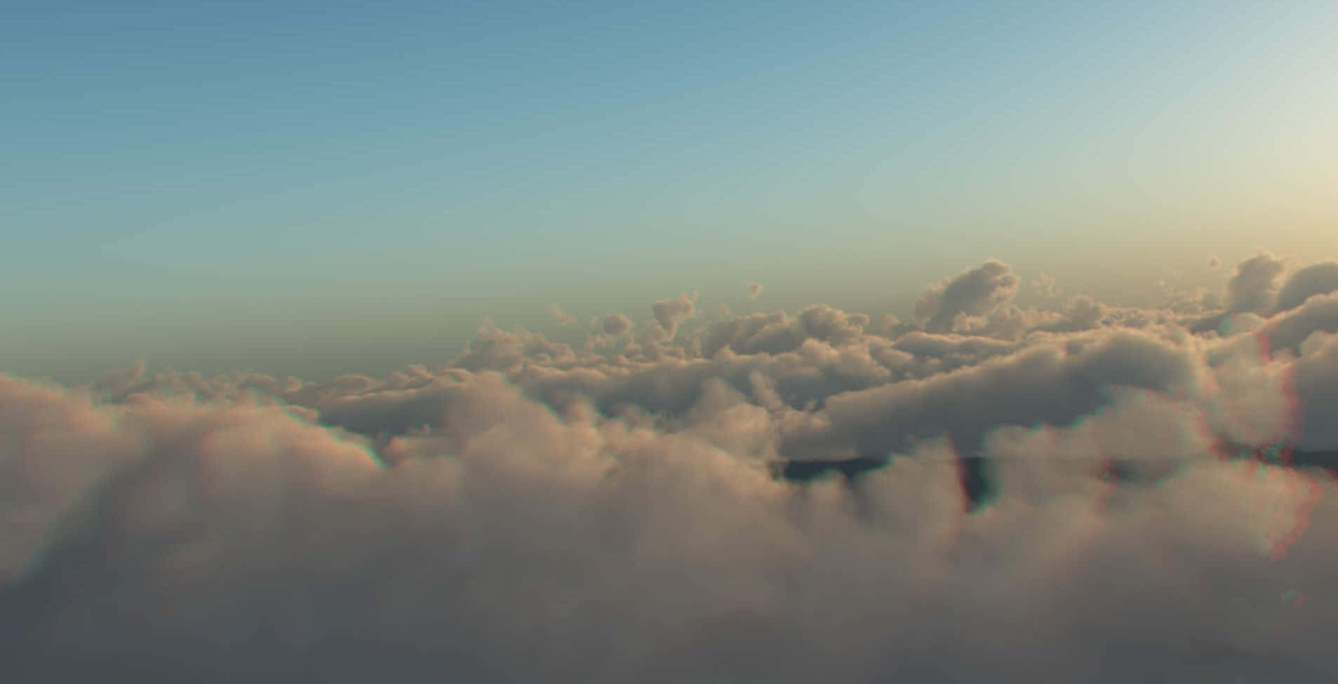 雲朵 桌布 壁紙 — 從高空俯瞰，翱翔於蓬鬆雲層之上，沐浴在溫暖的金色日出光芒中，上方是柔和的藍天。