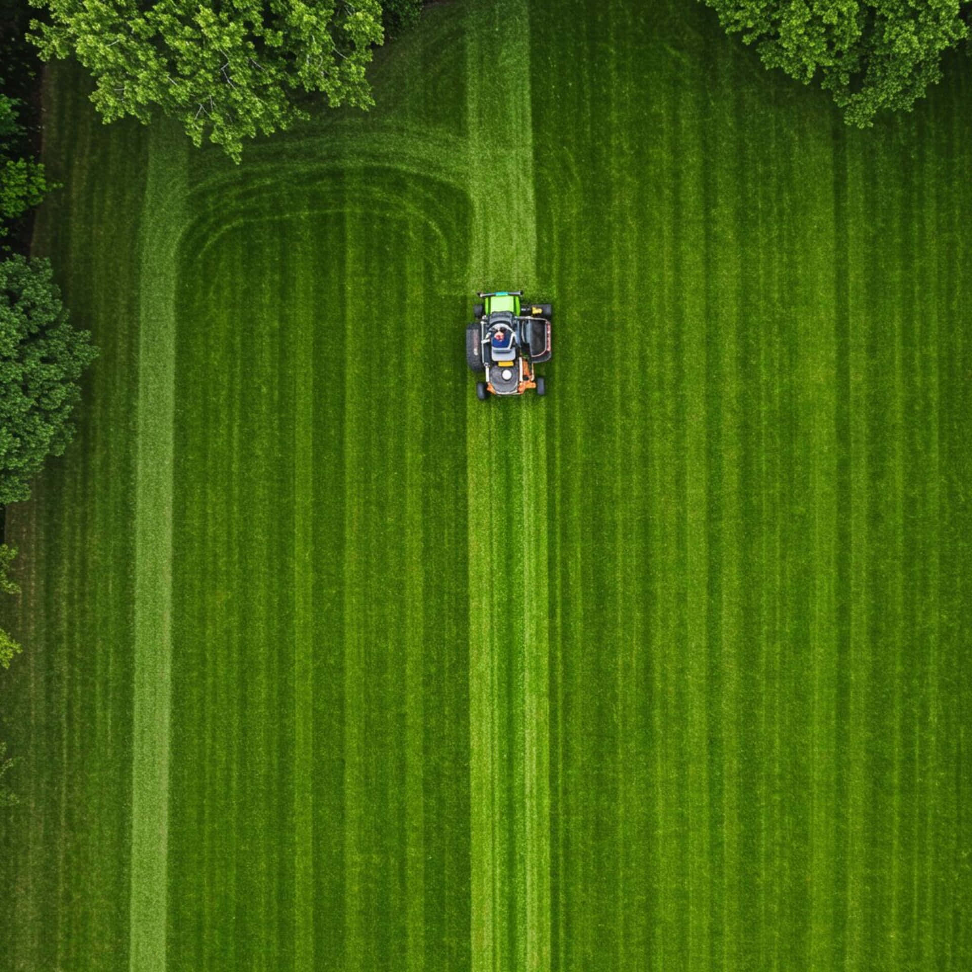 Hilly field with pruner 壁紙 — 從高空俯瞰一片明亮的綠色草坪，由乘坐式割草機割出整齊的條紋，四周樹木環繞。