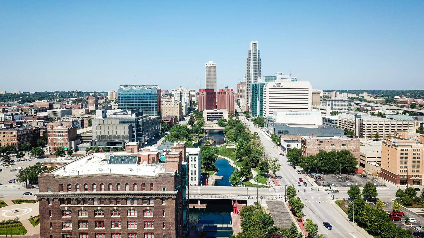Nebraska 桌布 壁紙 — 從高空俯瞰充滿活力的城市景觀，現代摩天大樓、歷史磚砌建築和蜿蜒的河流在清澈的藍天下。