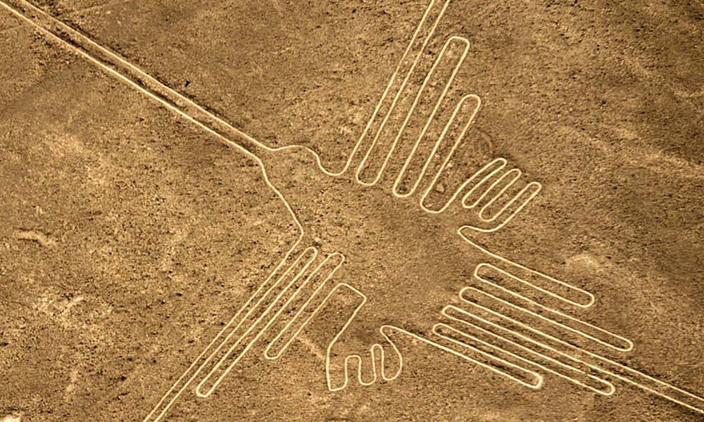 Sand Art 桌布 壁紙 — 從高空俯瞰刻在金色沙漠中的古代納斯卡蜂鳥地畫。